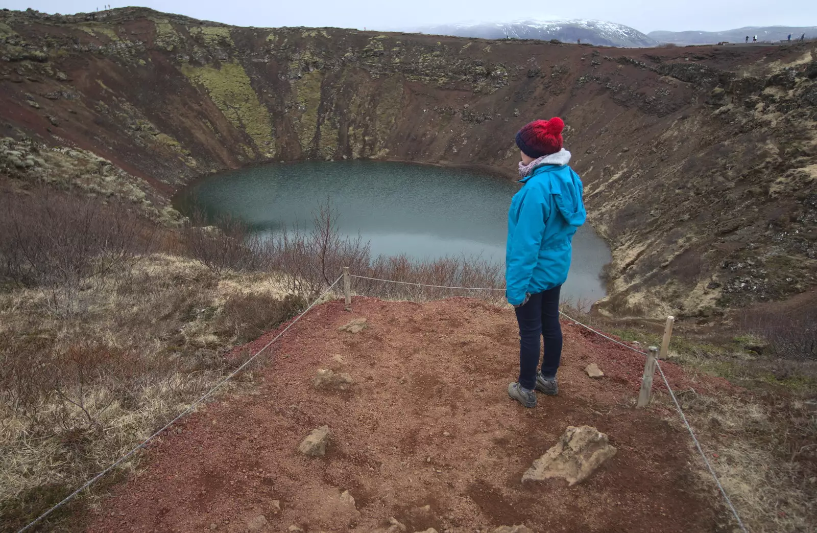 Isobel inspects the crater, from The Golden Circle of Ísland, Iceland - 22nd April 2017