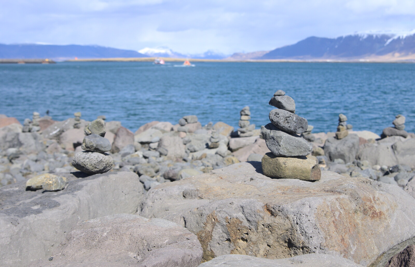 Rocky cairns near Harpa from Stríðsminjar War Relics, Perlan and Street Art, Reykjavik, Iceland - 23rd April 2017