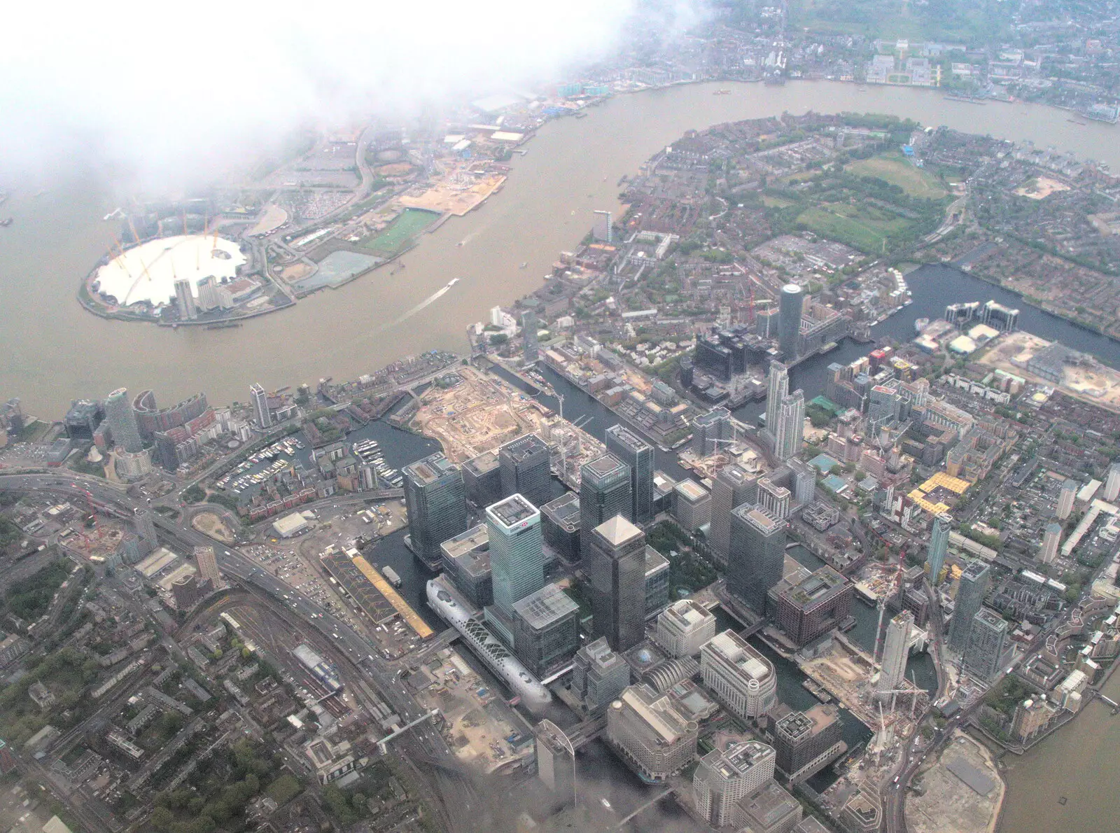 An aerial view of Canary Wharf and the O2, from The Journey Home, Reykjavik, London and Brantham - 24th April 2017