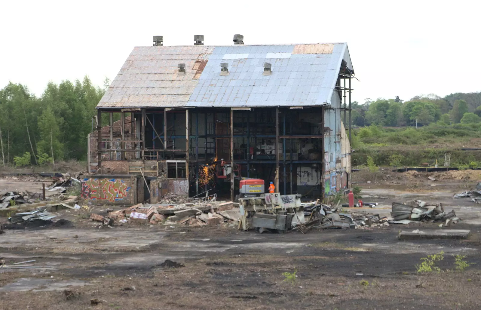 Steel cutting occurs in the derelict building, from The Journey Home, Reykjavik, London and Brantham - 24th April 2017