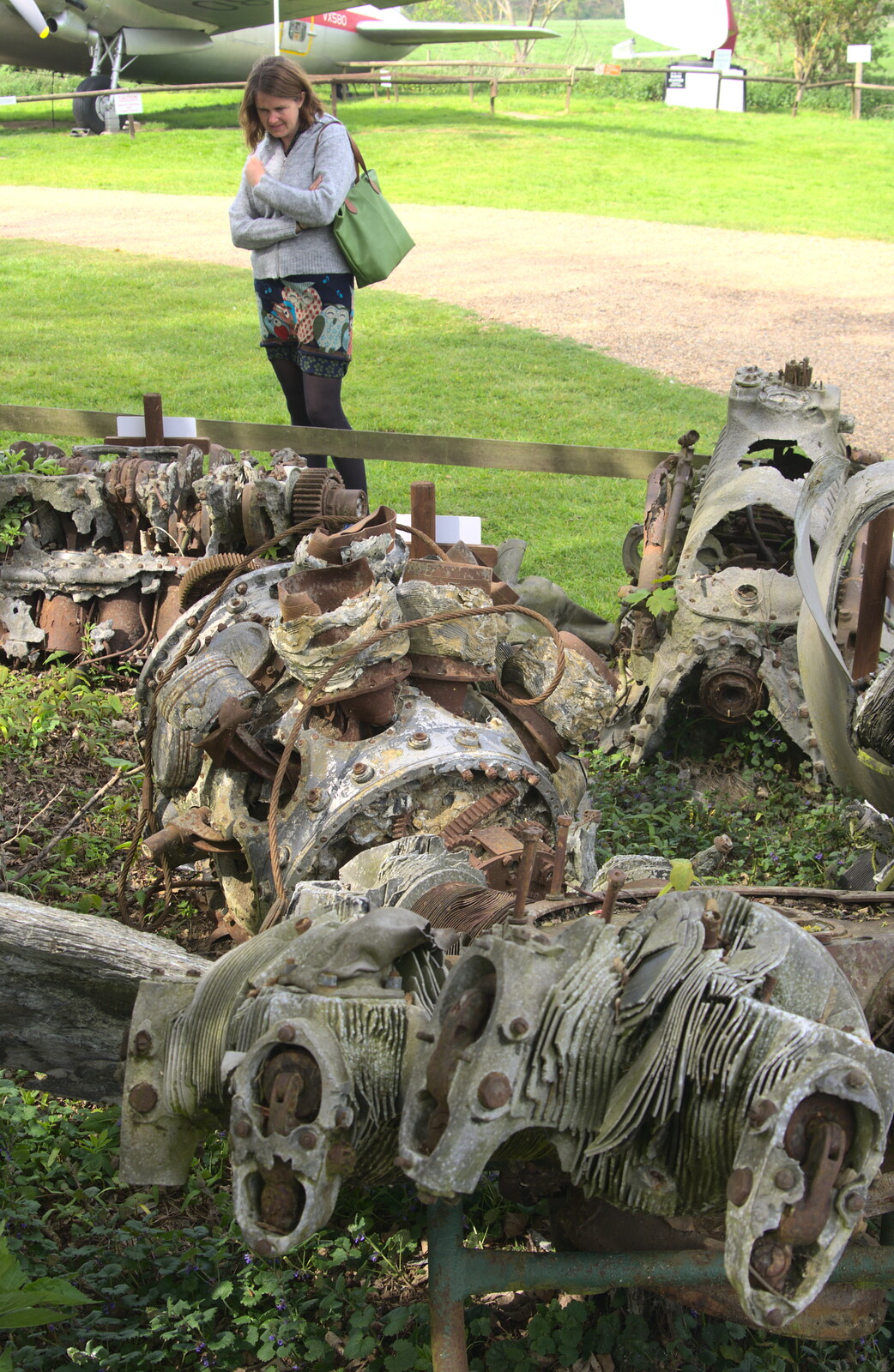 Isobel looks at mangled engines from Norfolk and Suffolk Aviation Museum, Flixton, Suffolk - 30th April 2017