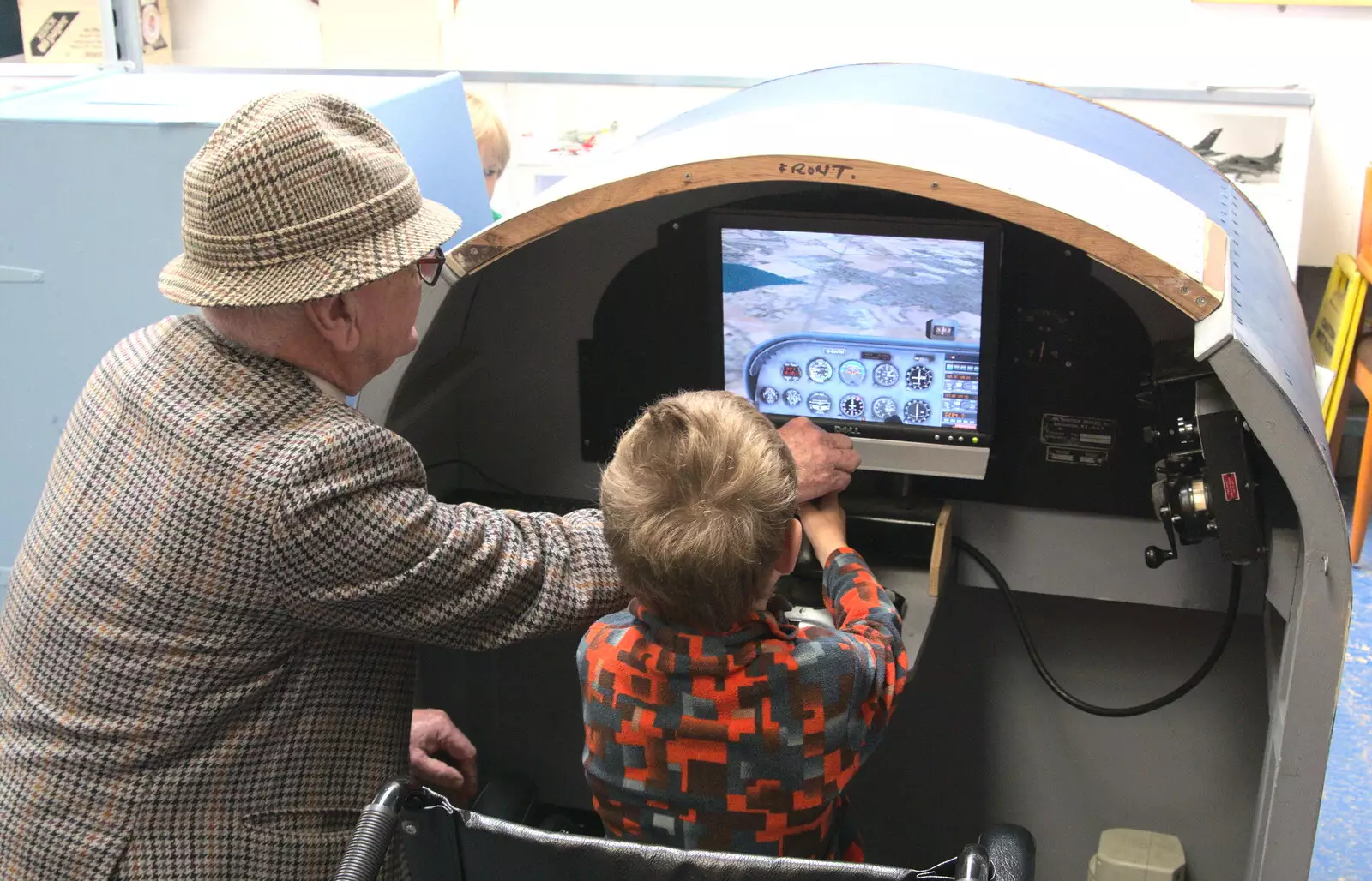 Fred tries a flight simulator, and actually lands, from Norfolk and Suffolk Aviation Museum, Flixton, Suffolk - 30th April 2017