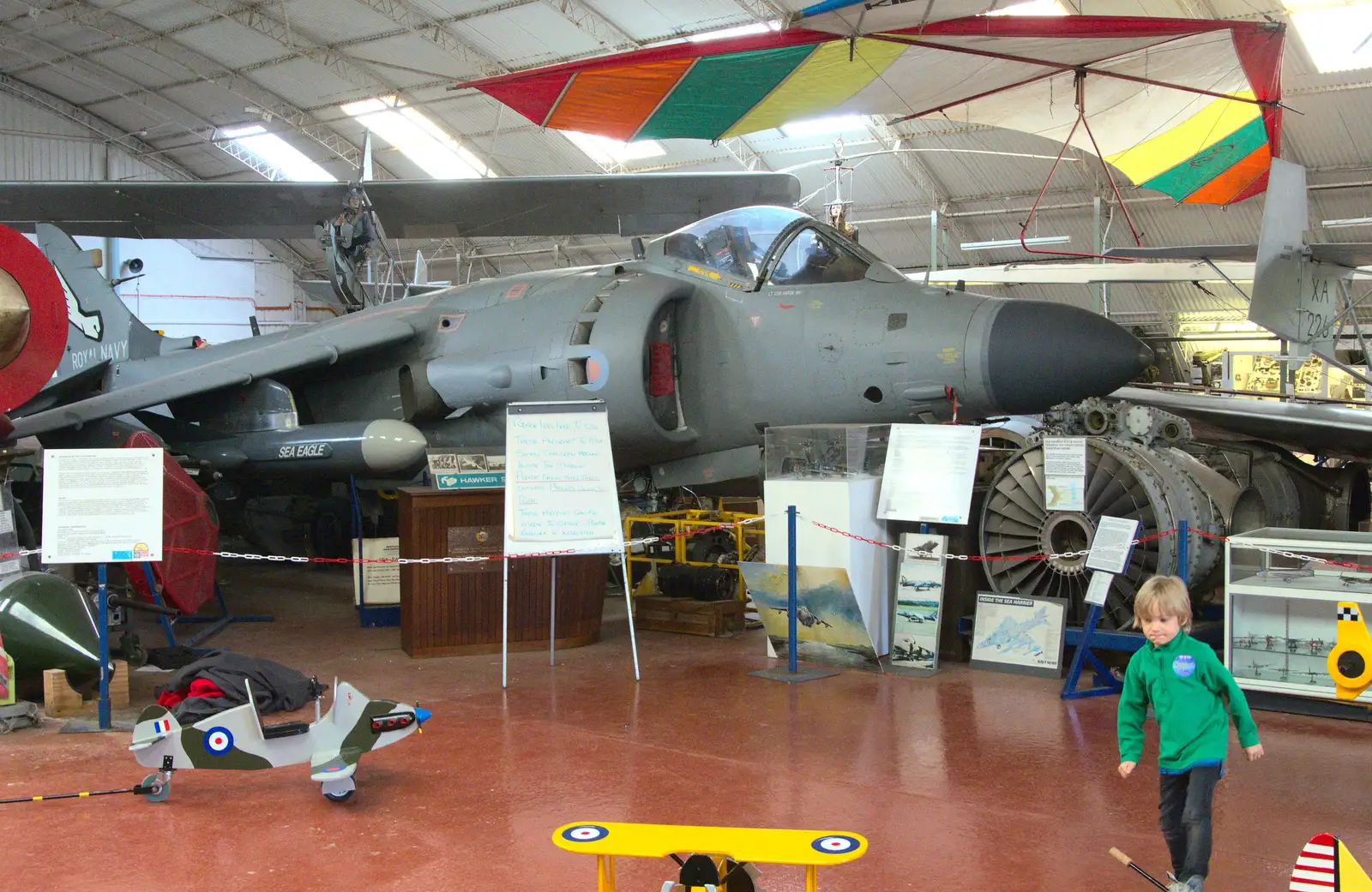 Harry roams around in front of a Harrier jump-jet, from Norfolk and Suffolk Aviation Museum, Flixton, Suffolk - 30th April 2017