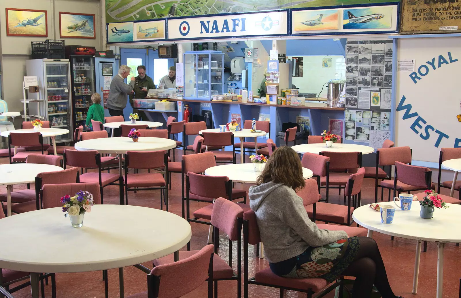 Isobel gets a coffee from the NAAFI, from Norfolk and Suffolk Aviation Museum, Flixton, Suffolk - 30th April 2017