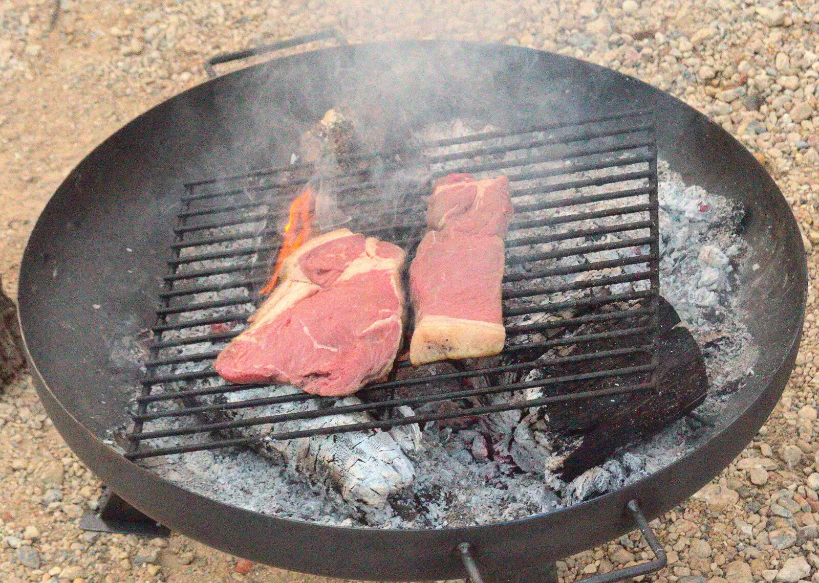 We lob a couple of steaks on the fire, from Campfires, Oaksmere Building and a BSCC Bike Ride, Brome, Suffolk - 4th May 2017