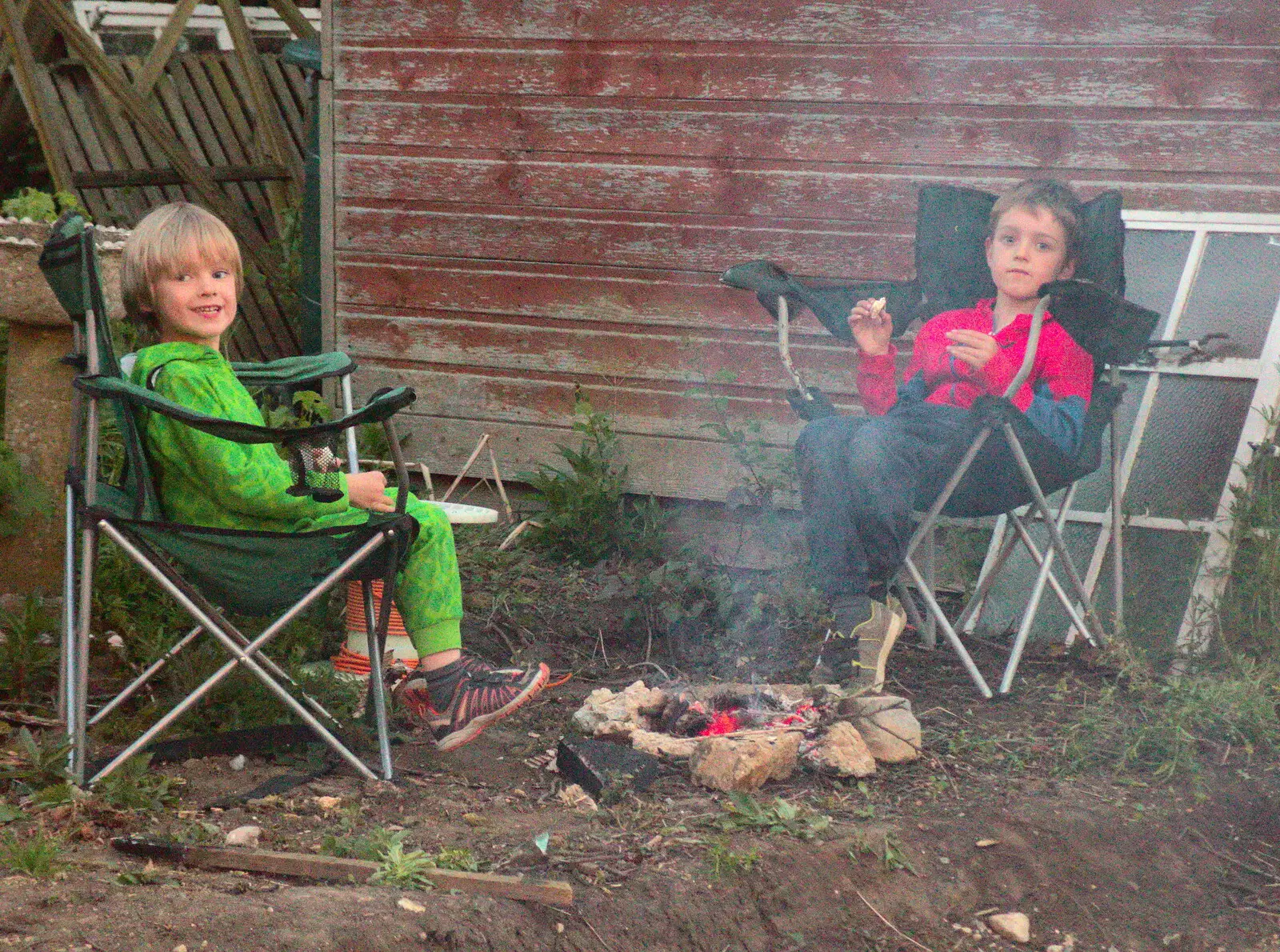 Harry and Fred around their own camp fire, from Campfires, Oaksmere Building and a BSCC Bike Ride, Brome, Suffolk - 4th May 2017