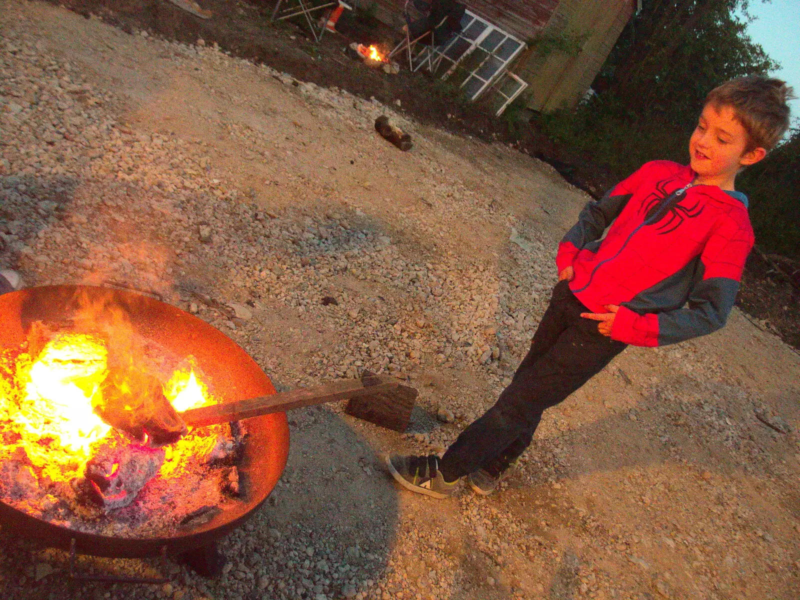 Fred watches the fire, from Campfires, Oaksmere Building and a BSCC Bike Ride, Brome, Suffolk - 4th May 2017