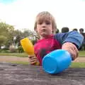 Harry thumps some juggling clubs on the table, Campfires, Oaksmere Building and a BSCC Bike Ride, Brome, Suffolk - 4th May 2017