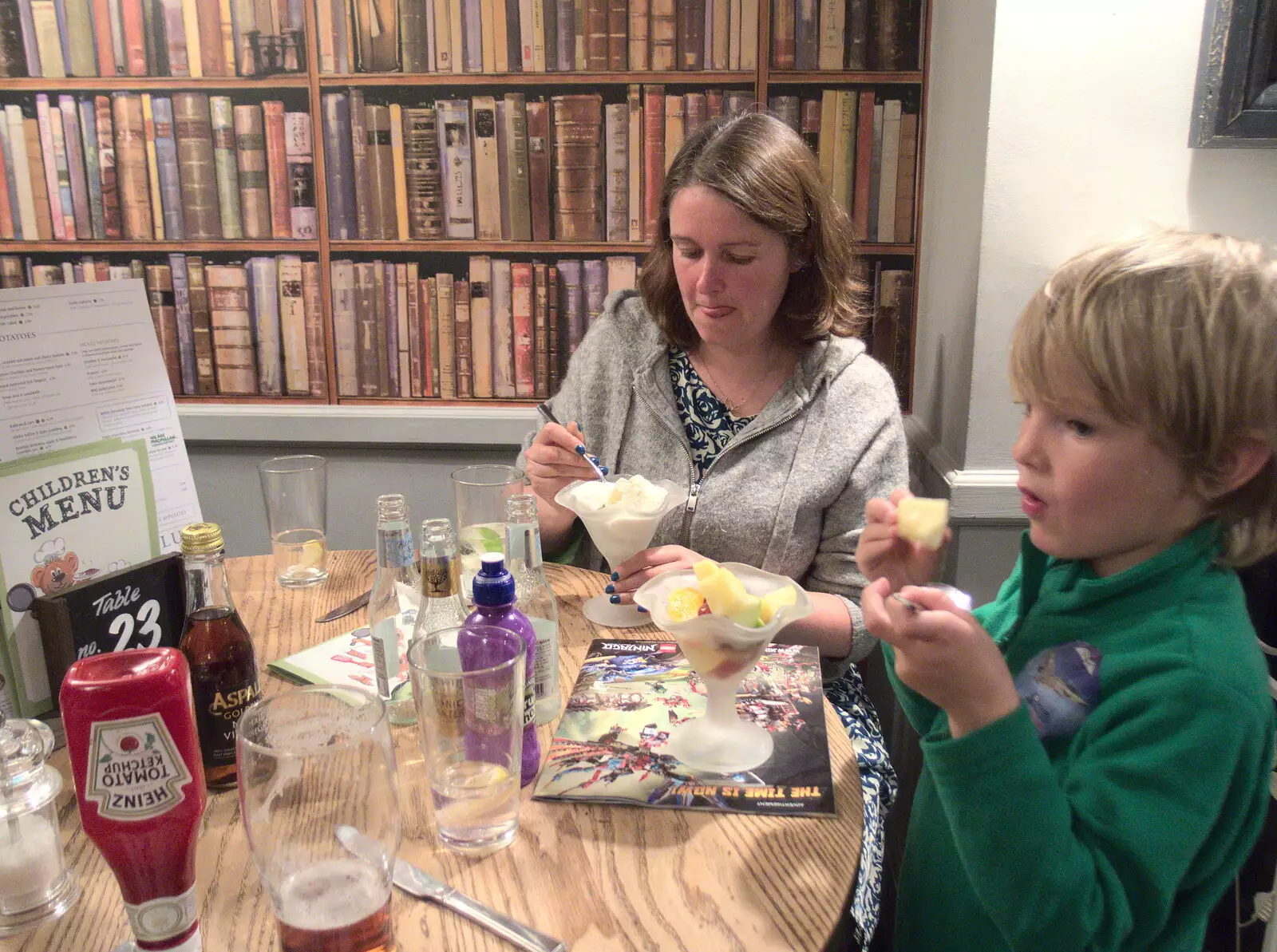 Isobel and Harry do pudding, from The Last-Ever BSCC Weekend Away Bike Ride, Thaxted, Essex - 6th May 2017