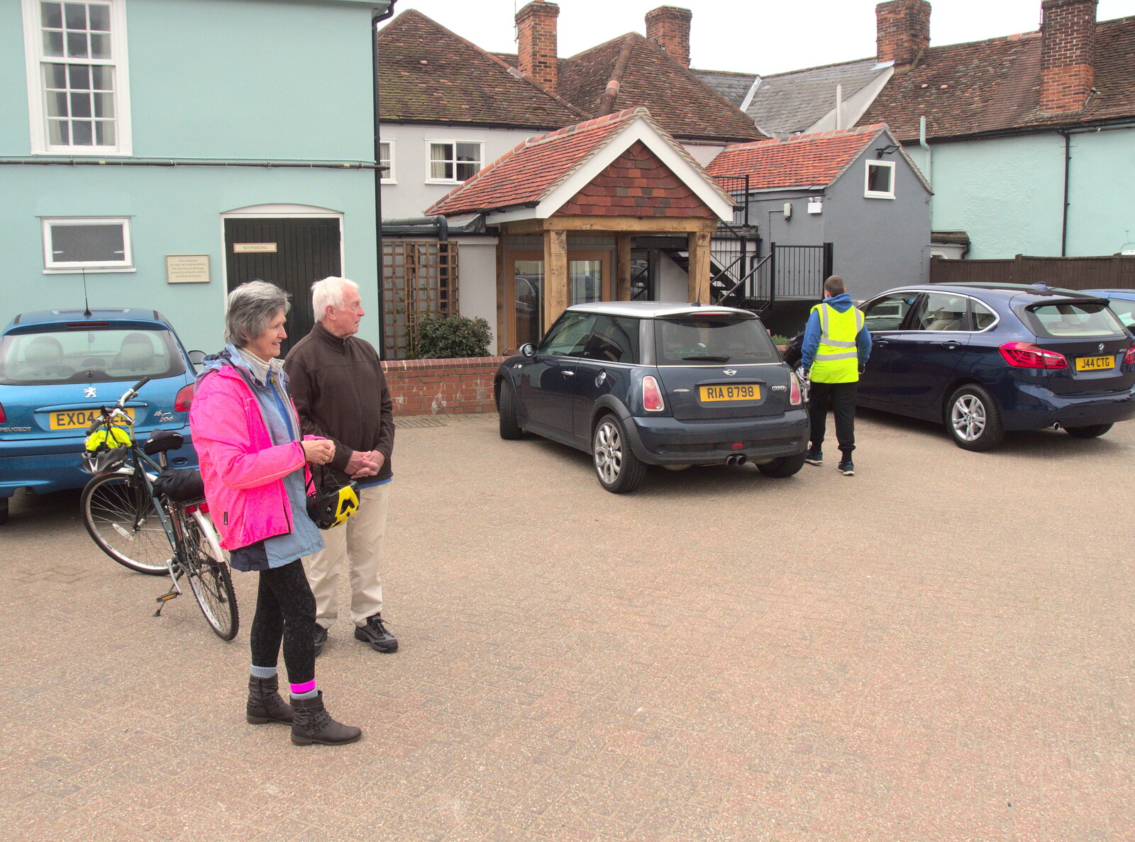 Jill and Colin in the car park from The Last-Ever BSCC Weekend Away Bike Ride, Thaxted, Essex - 6th May 2017