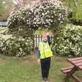 Fred holds up a leaf in the Cock's beer garden, The Last-Ever BSCC Weekend Away Bike Ride, Thaxted, Essex - 6th May 2017