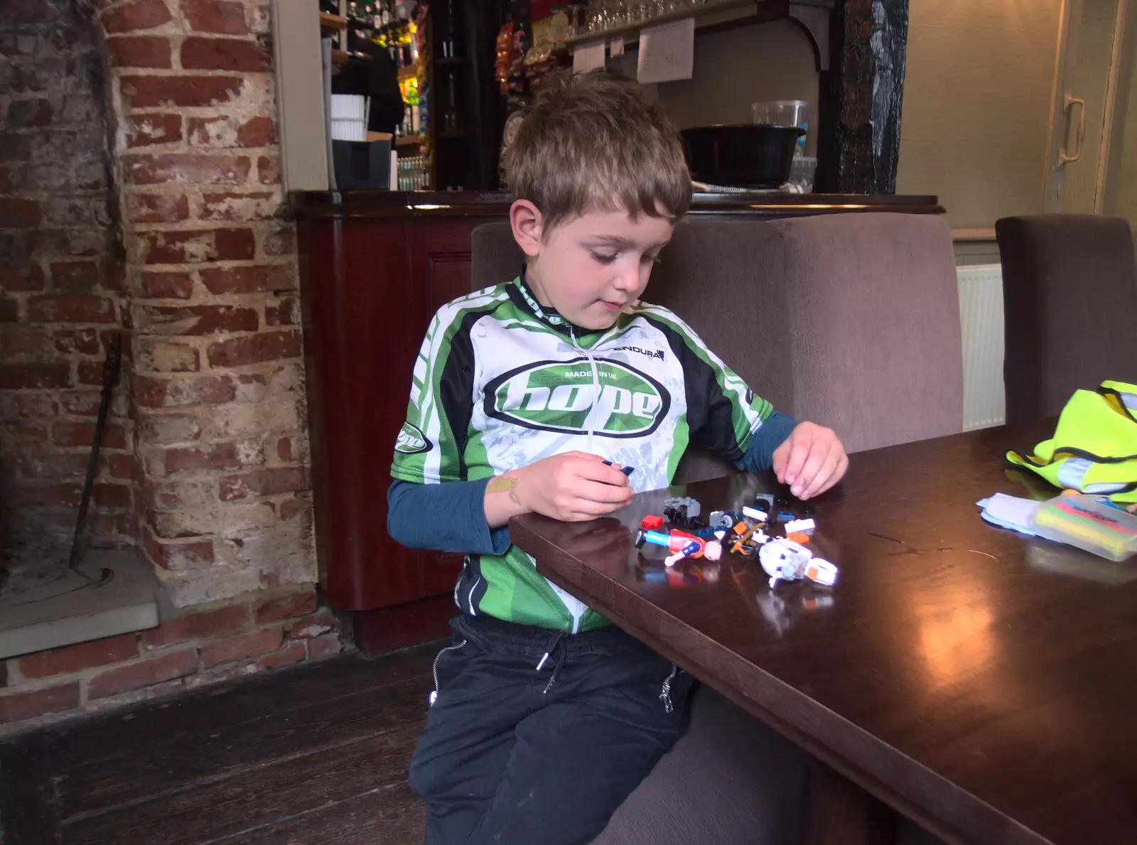 Fred does Lego in the Cock Inn, Henham, from The Last-Ever BSCC Weekend Away Bike Ride, Thaxted, Essex - 6th May 2017