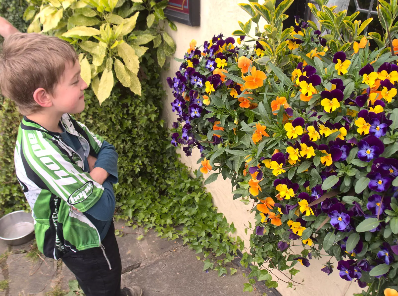 Fred has a staring contest with some flowers, from The Last-Ever BSCC Weekend Away Bike Ride, Thaxted, Essex - 6th May 2017