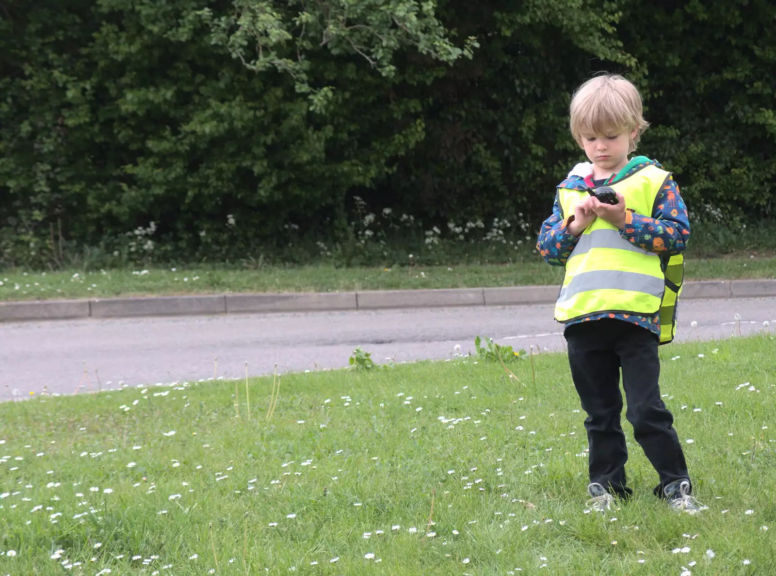 Harry is on his walkie-talkie, from The Last-Ever BSCC Weekend Away Bike Ride, Thaxted, Essex - 6th May 2017