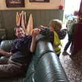 Phil and Harry wrestle on the sofa, The Last-Ever BSCC Weekend Away Bike Ride, Thaxted, Essex - 6th May 2017