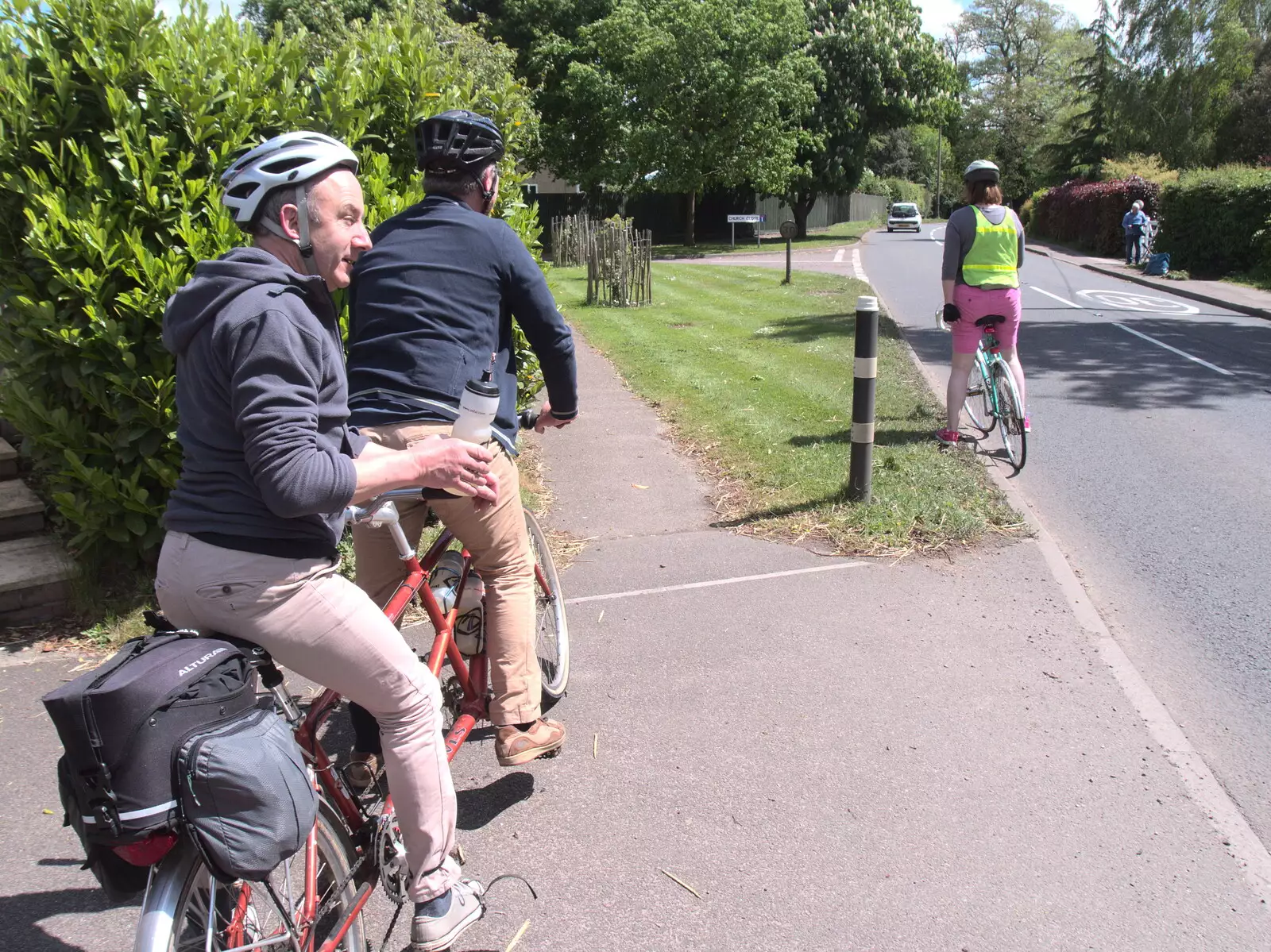 DH and Marc pause on the tandem in Hoxne, from A Day at the Grain Brewery Open Day, Alburgh, Suffolk - 20th May 2017