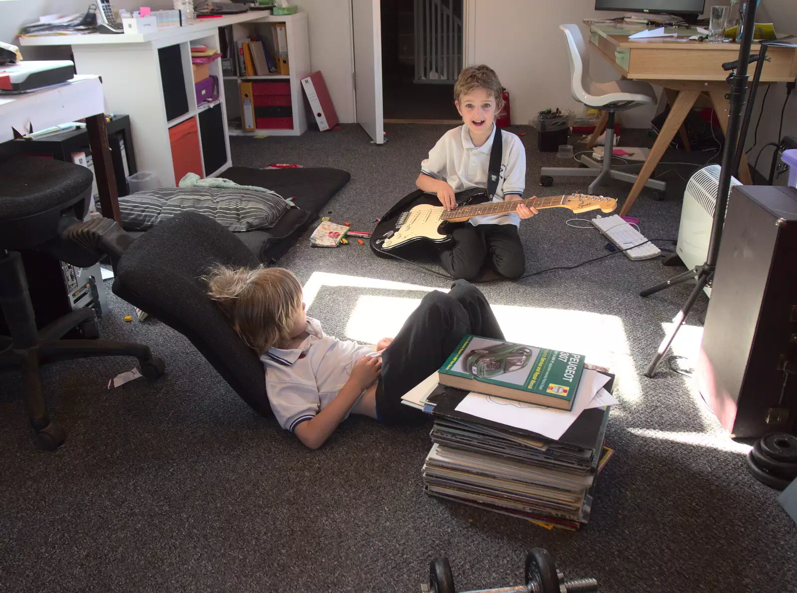 The boys hang out in the office, as Fred plays guitar, from Badders, Bike Rides and a Birthday, Suffolk - 26th May 2017