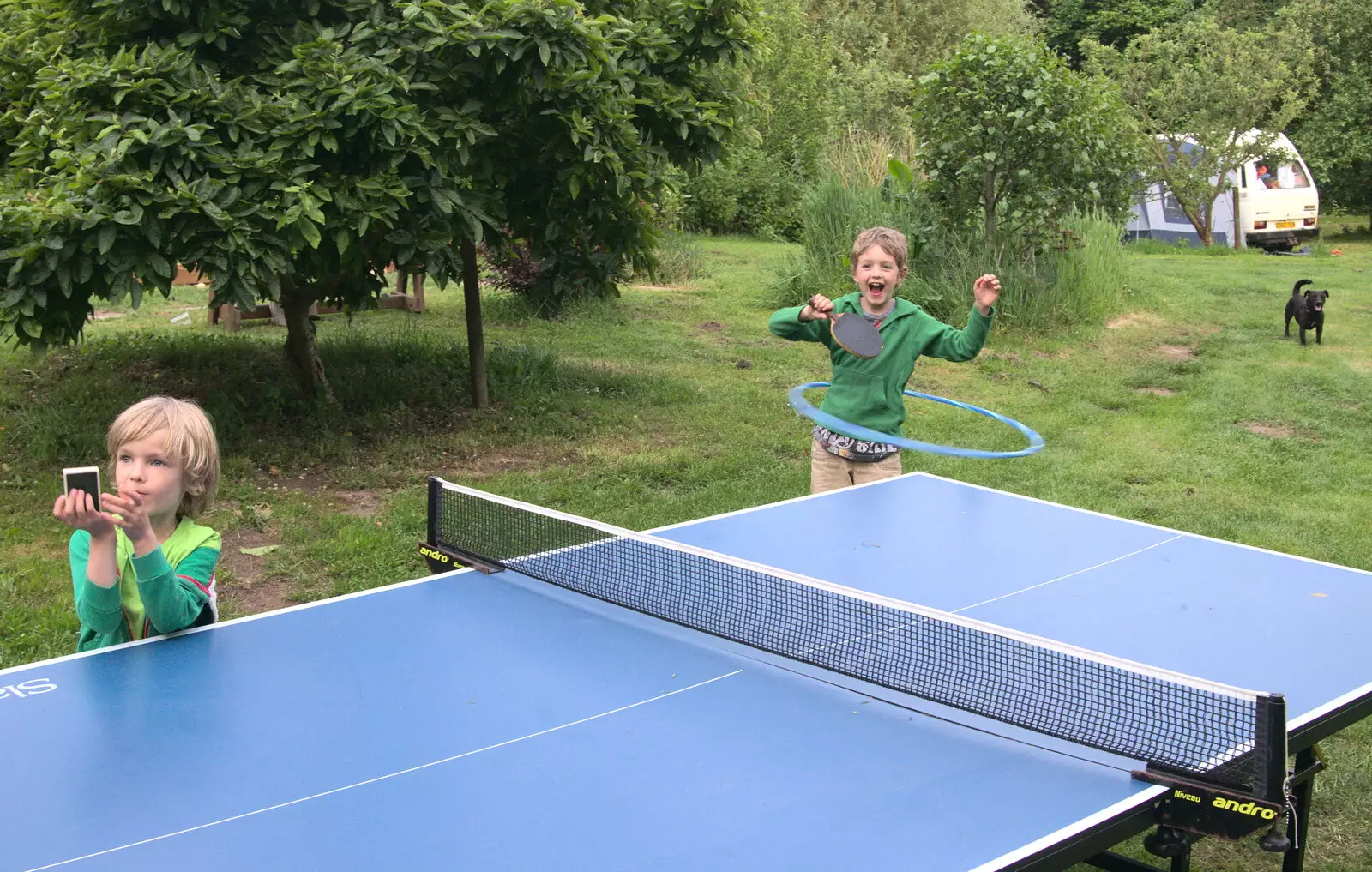 Fred returns a shot whilst hoola-hooping, from Wavy and Martina's Combined Birthdays, Thrandeston, Suffolk - 27th May 2017