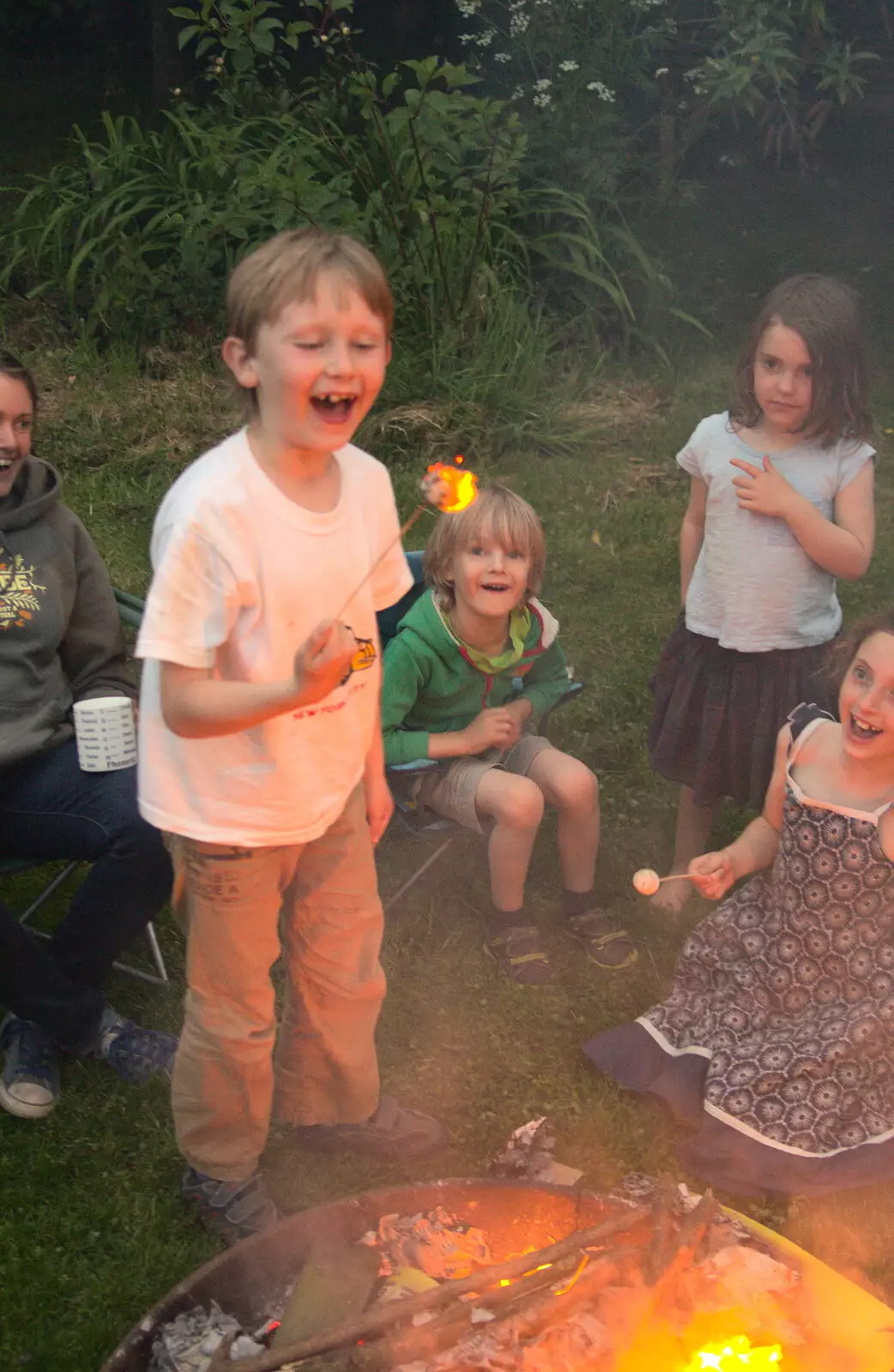 There's excitement as Oak torches his marshmallow , from Wavy and Martina's Combined Birthdays, Thrandeston, Suffolk - 27th May 2017