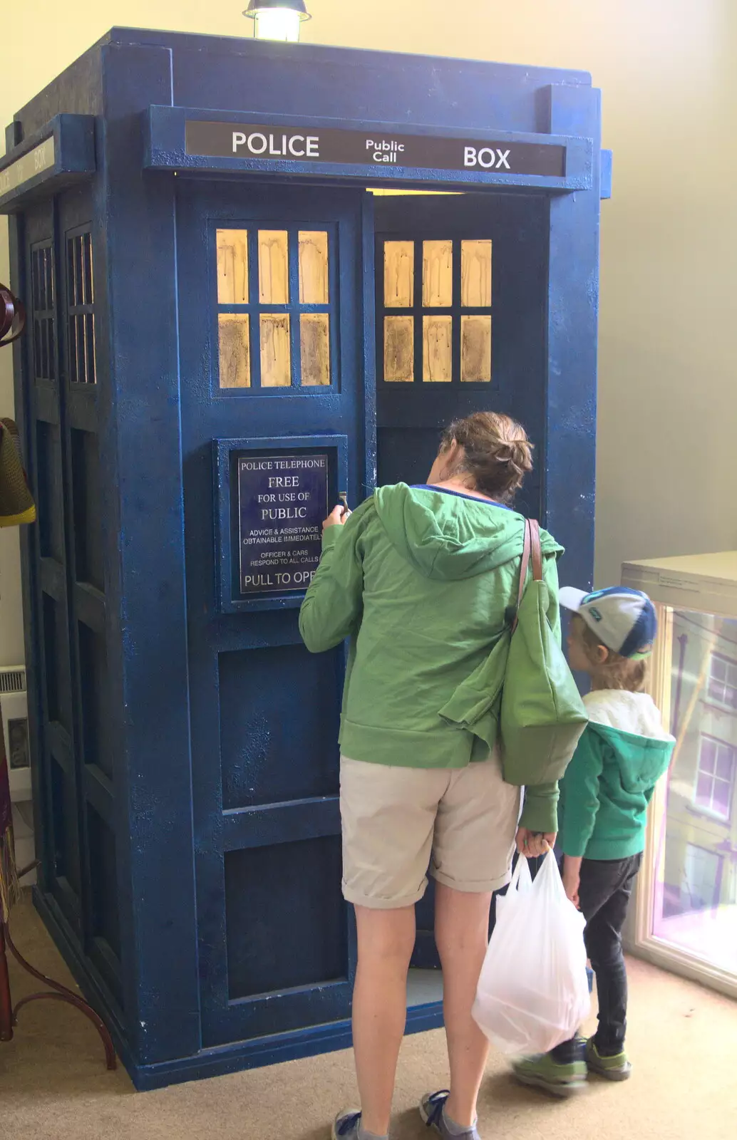 Isobel and Harry inspect a Tardis in Moyse's Hall, from Wavy and Martina's Combined Birthdays, Thrandeston, Suffolk - 27th May 2017