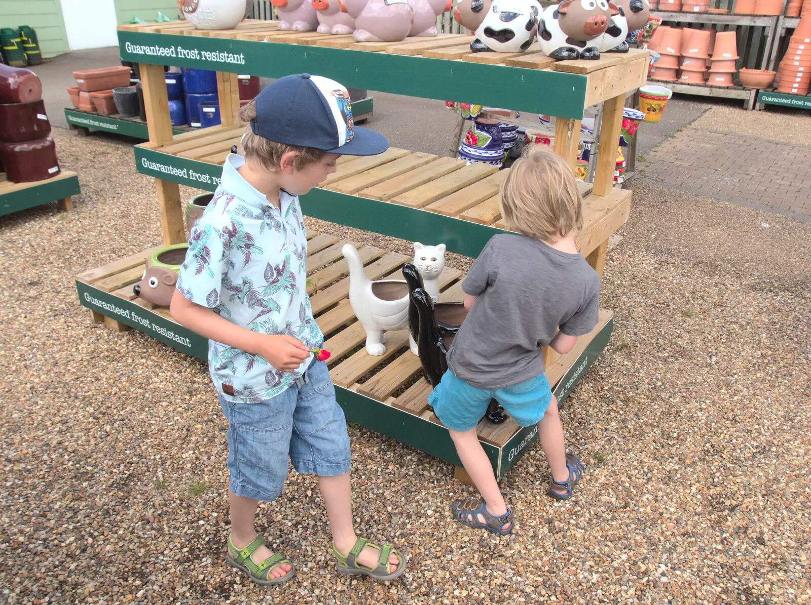 The boys mess around near cat-shaped pots, from A Retirement: The Last Night of The Swan Inn, Brome, Suffolk - 3rd June 2017