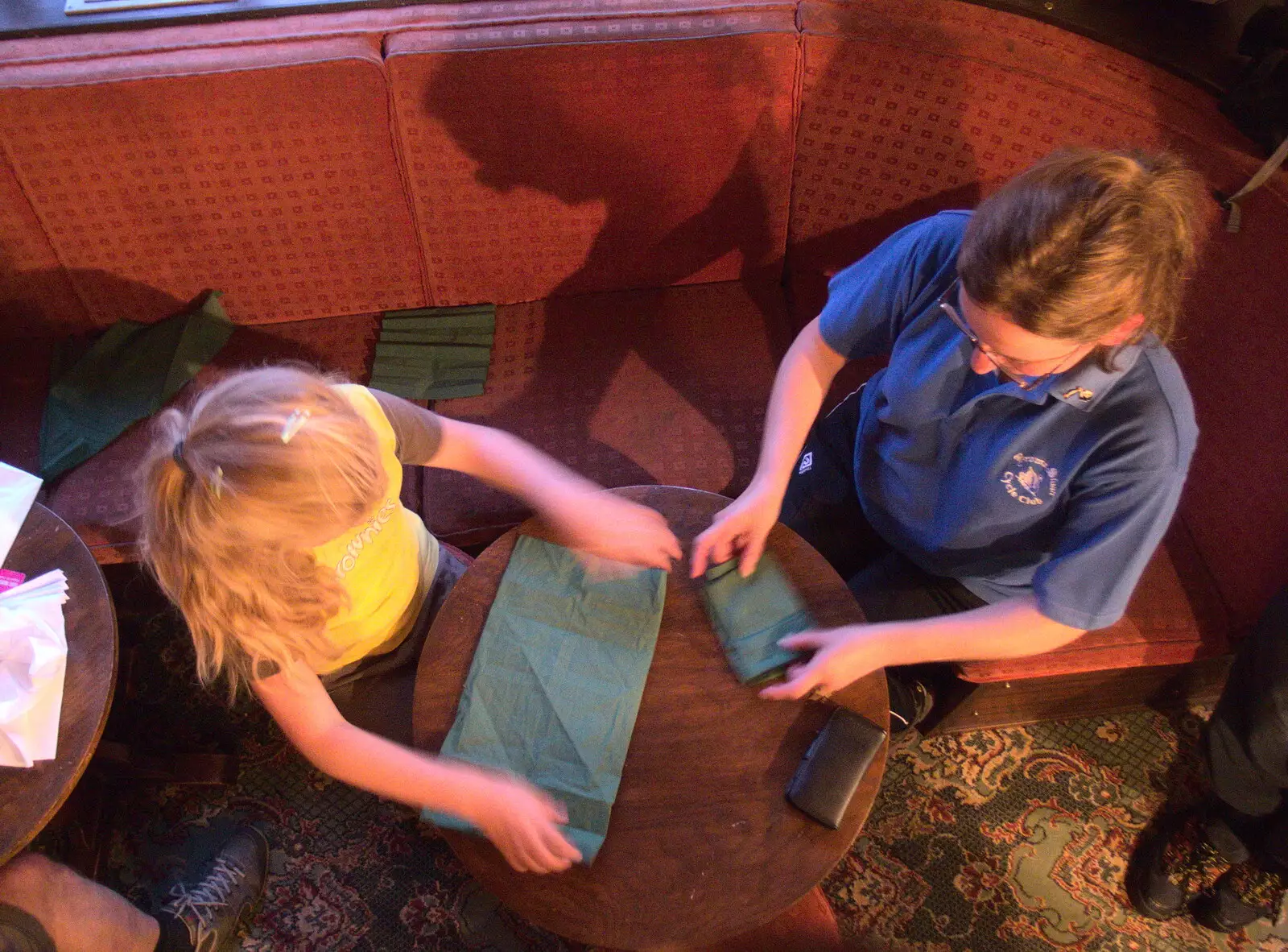 Jessica and Suey do some napkin folding, from The BSCC at the Mellis Railway and The Swan, Brome, Suffolk - 8th June 2017