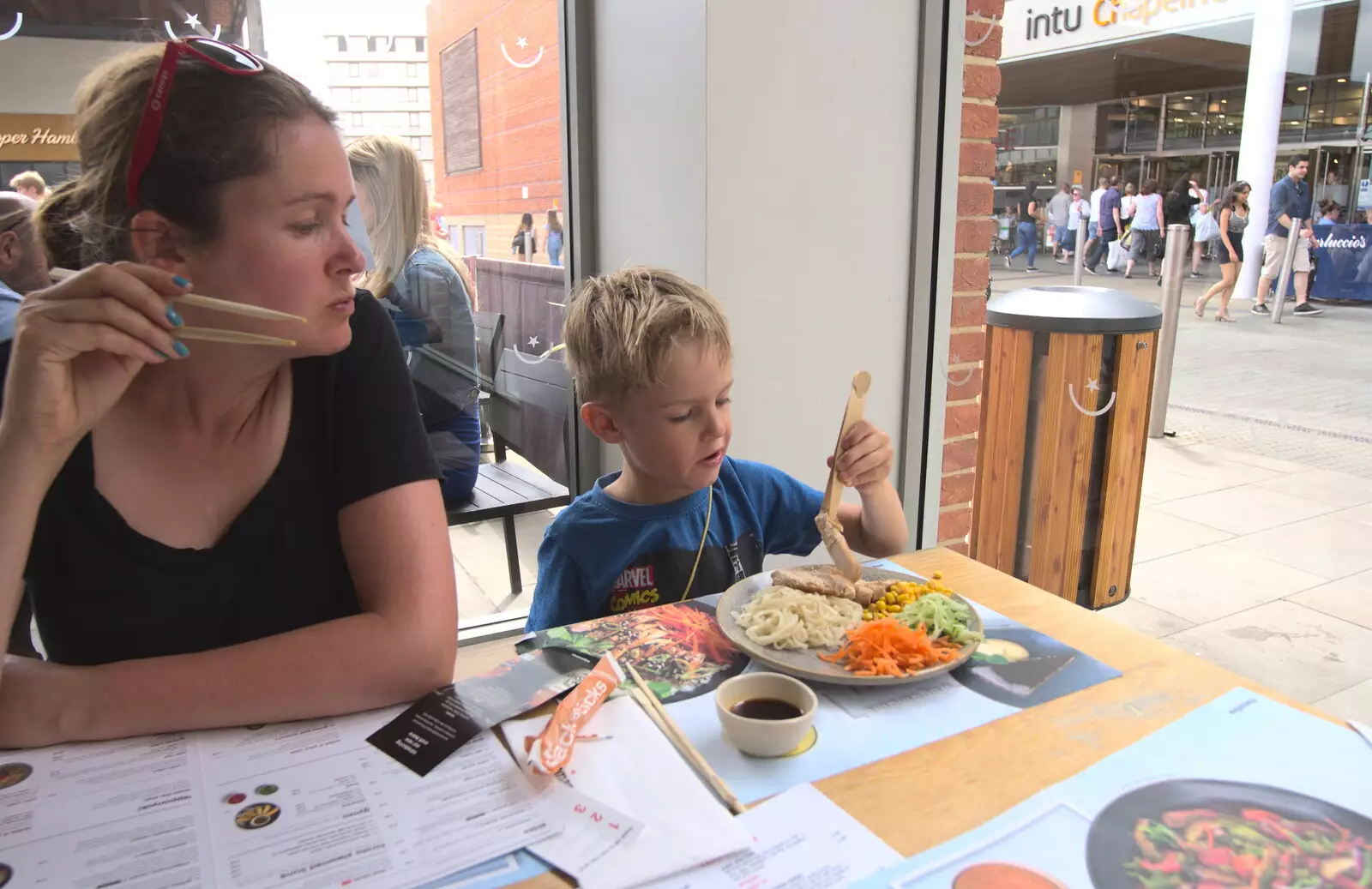 Isobel eyes up some of Harry's lunch in Wagamama, from Isobel's Choral Flash Mob, Norwich, Norfolk - 17th June 2017