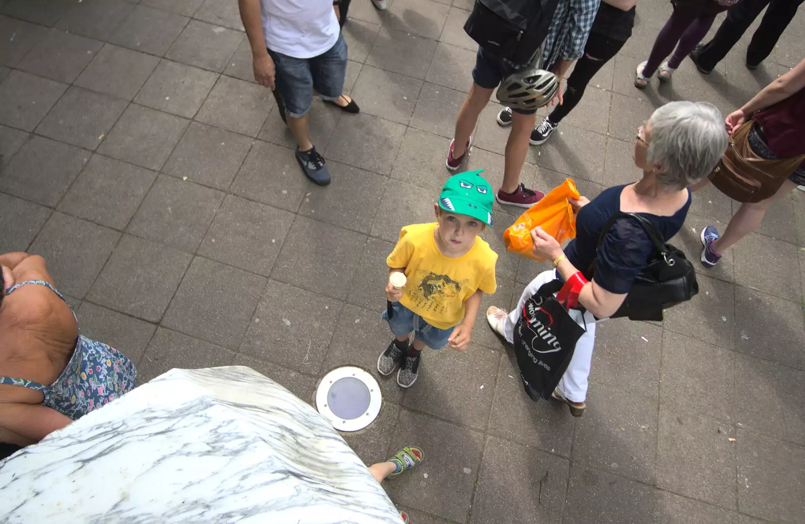 Nosher climbs up on a sculpture, from Isobel's Choral Flash Mob, Norwich, Norfolk - 17th June 2017