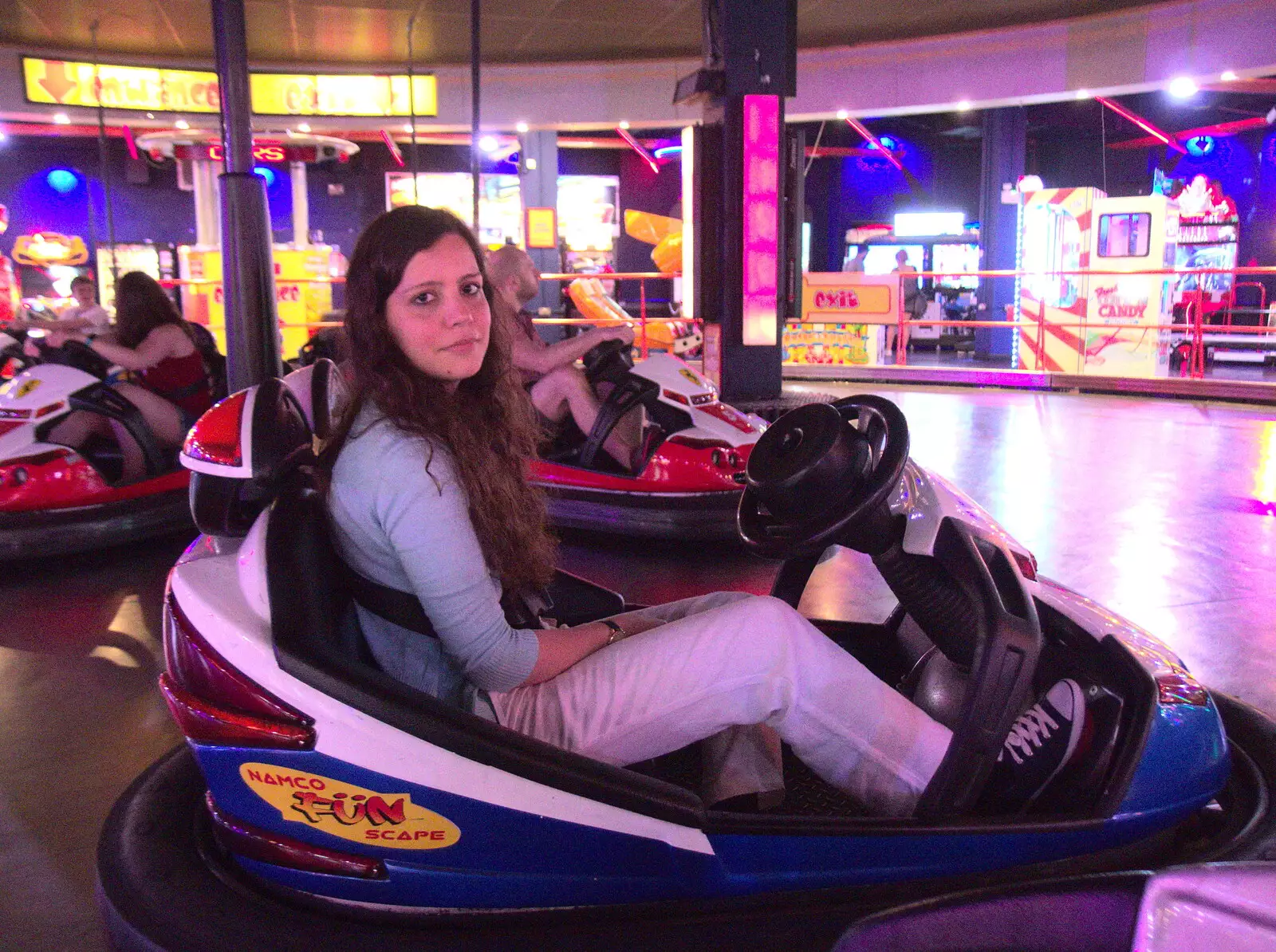 Sumaiya looks pensive on the dodgems, from SwiftKey does Namco Funscape, Westminster, London - 20th June 2017