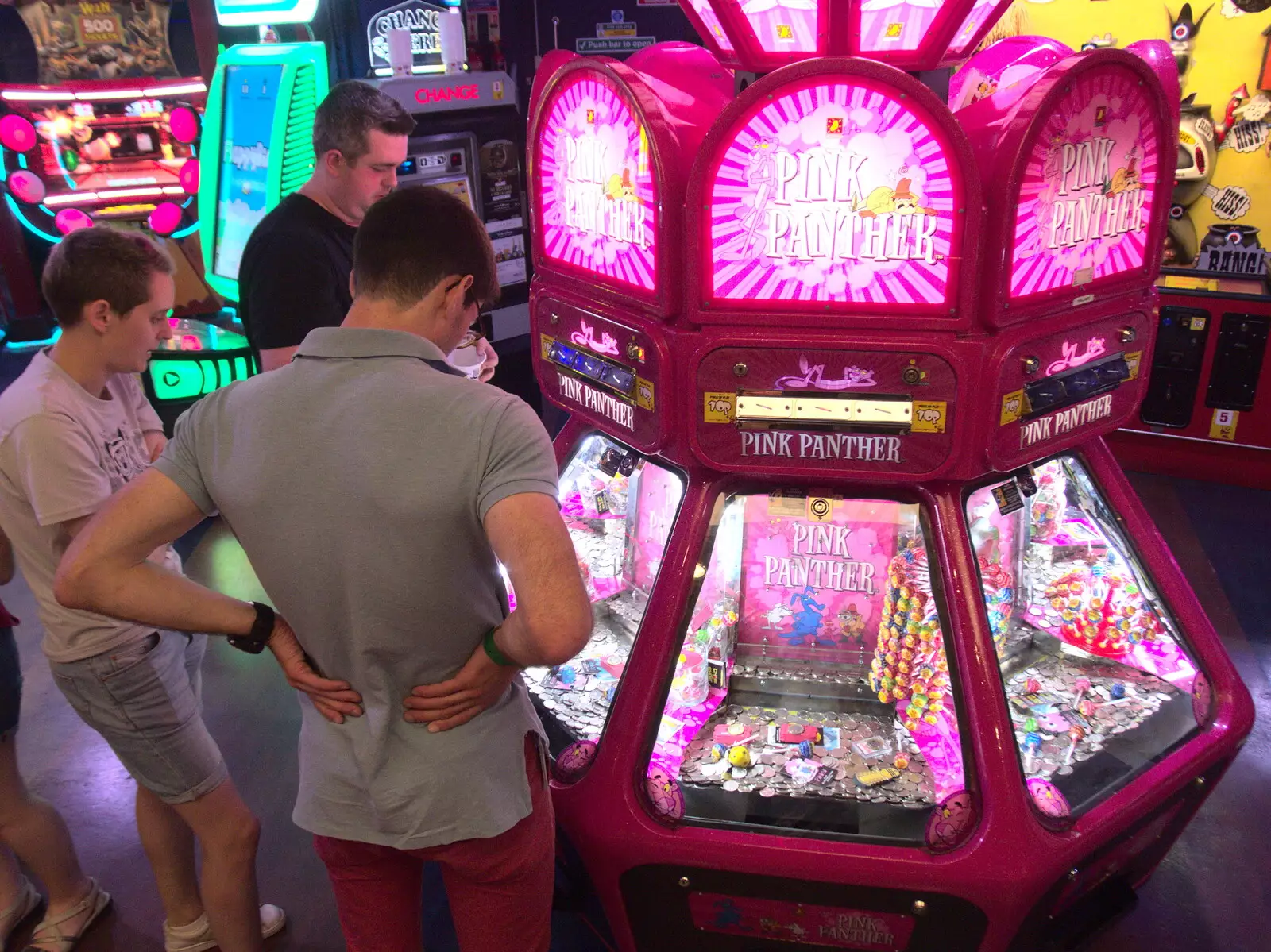 Thomas inspects the coin shove machines, from SwiftKey does Namco Funscape, Westminster, London - 20th June 2017