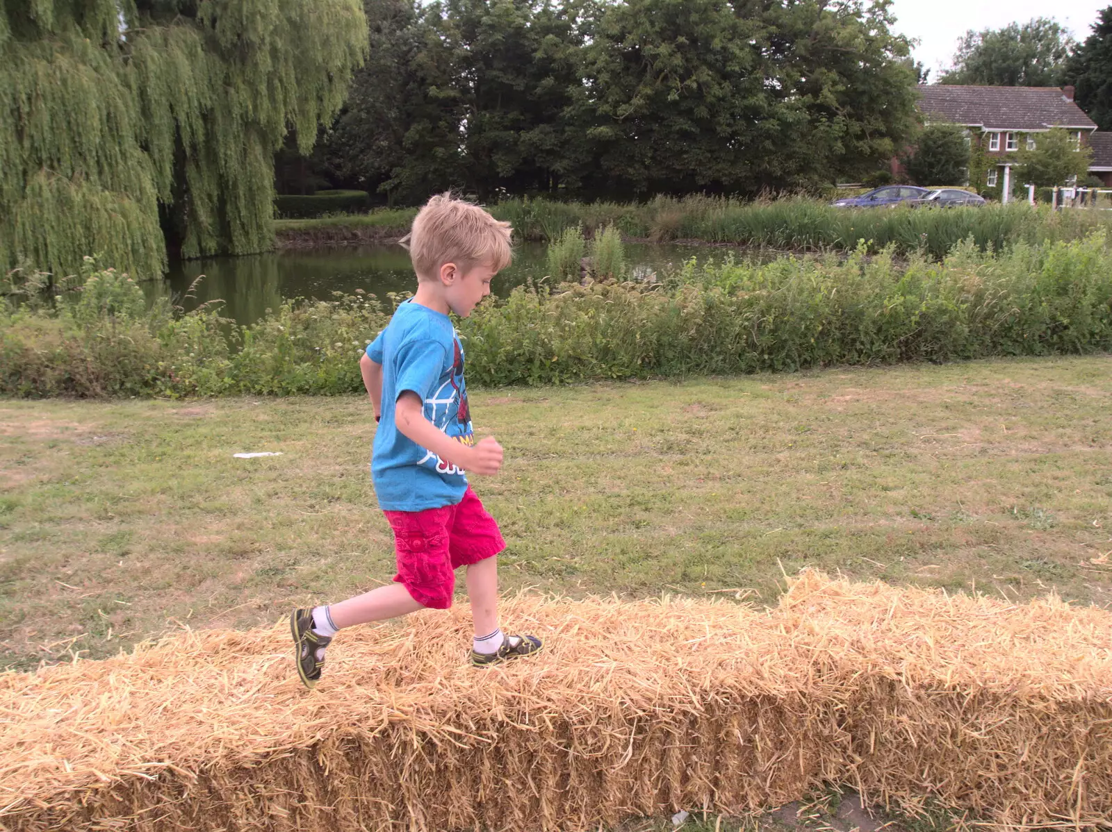 Harry runs around on bales, from Thrandeston Pig, Little Green, Thrandeston, Suffolk - 25th June 2017