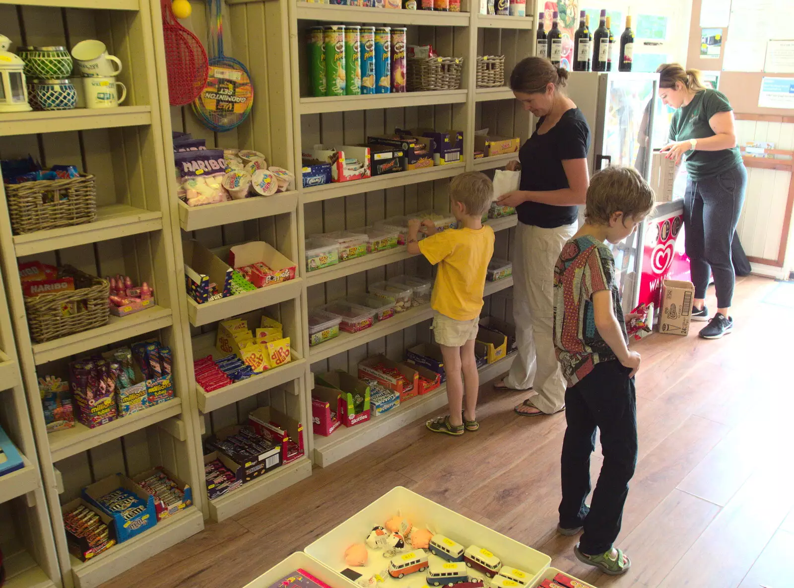 Harry, Isobel and Harry in the camp shop, from Camping at Dower House, West Harling, Norfolk - 1st July 2017