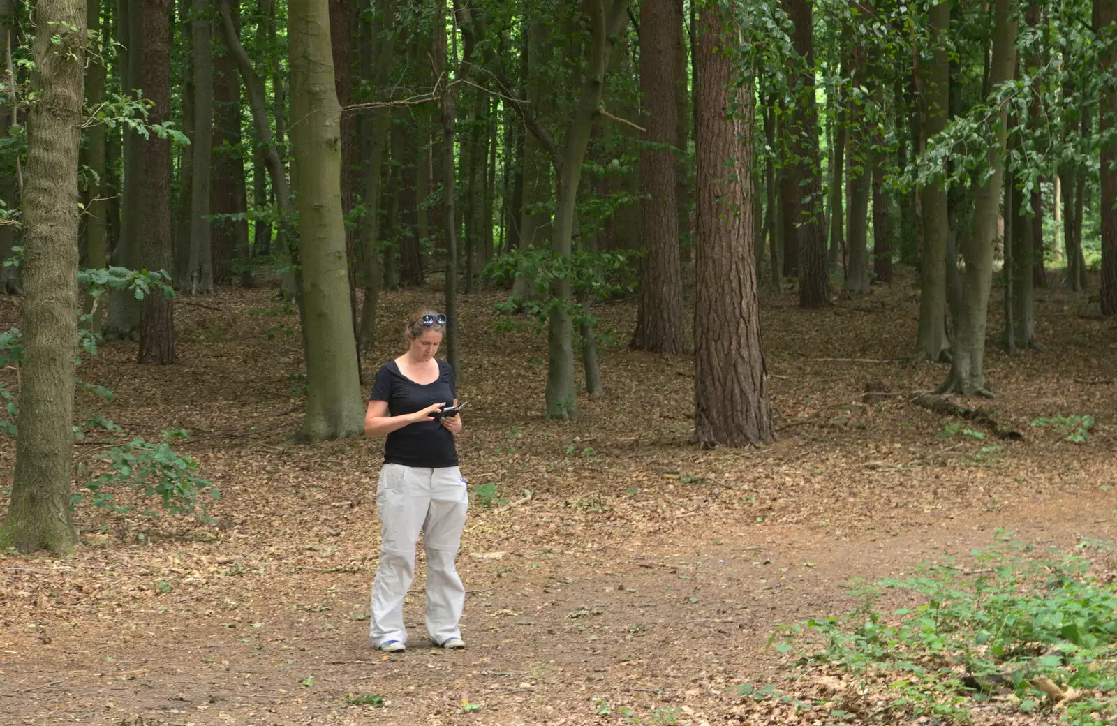 Isobel checks her phone, from Camping at Dower House, West Harling, Norfolk - 1st July 2017