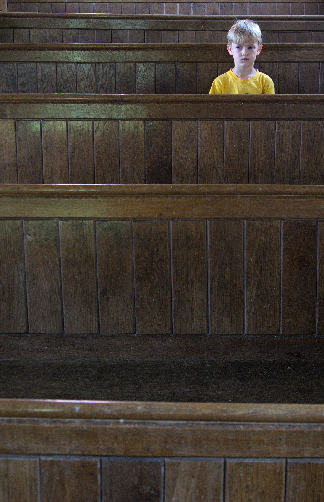 Harry sits in the pews from Camping at Dower House, West Harling, Norfolk - 1st July 2017