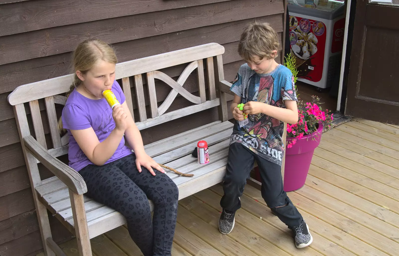 Anna and Fred on a bench, from Camping at Dower House, West Harling, Norfolk - 1st July 2017