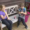 Anna and Fred on a bench, Camping at Dower House, West Harling, Norfolk - 1st July 2017