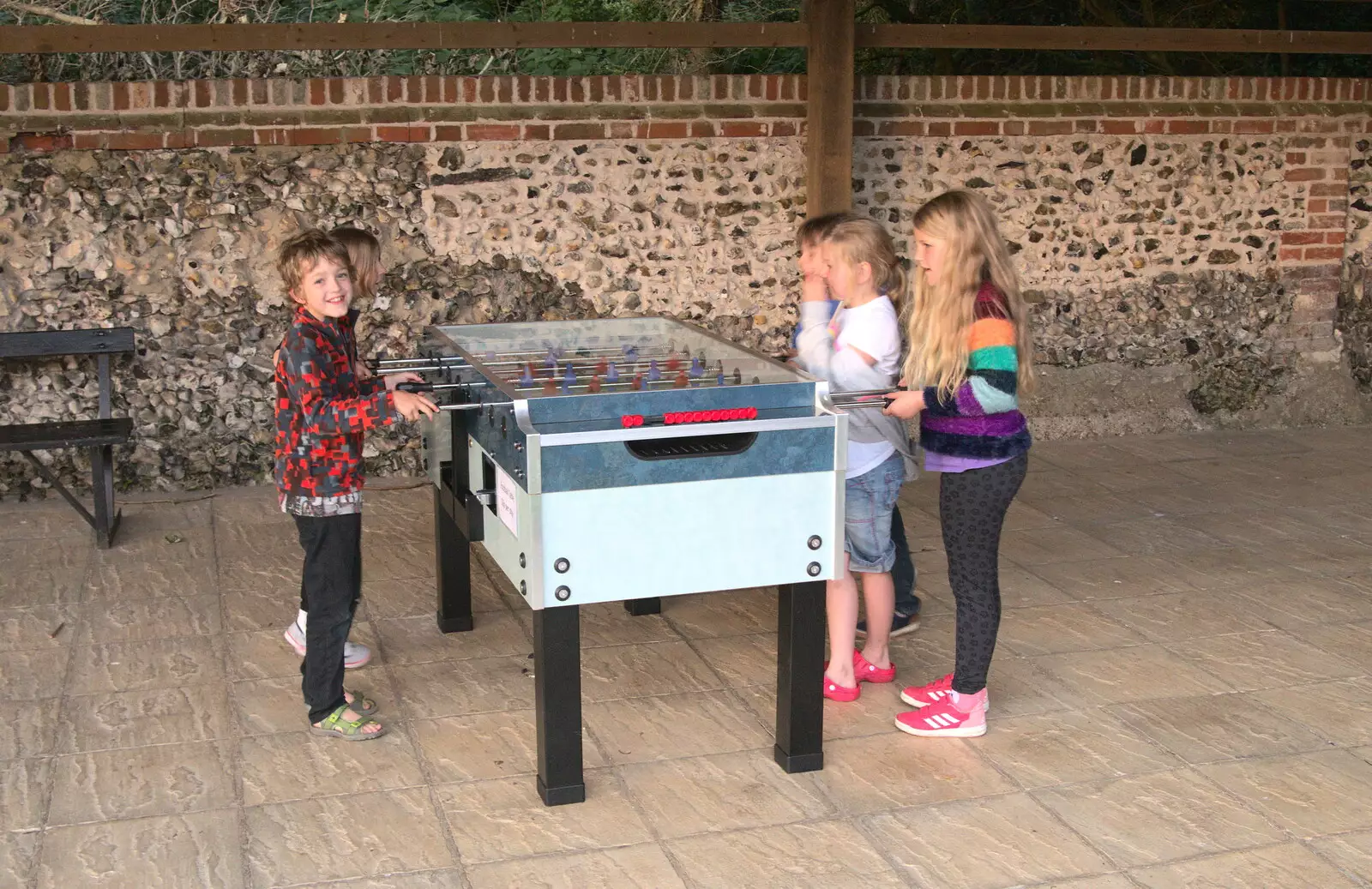 Fred plays table football, from Camping at Dower House, West Harling, Norfolk - 1st July 2017