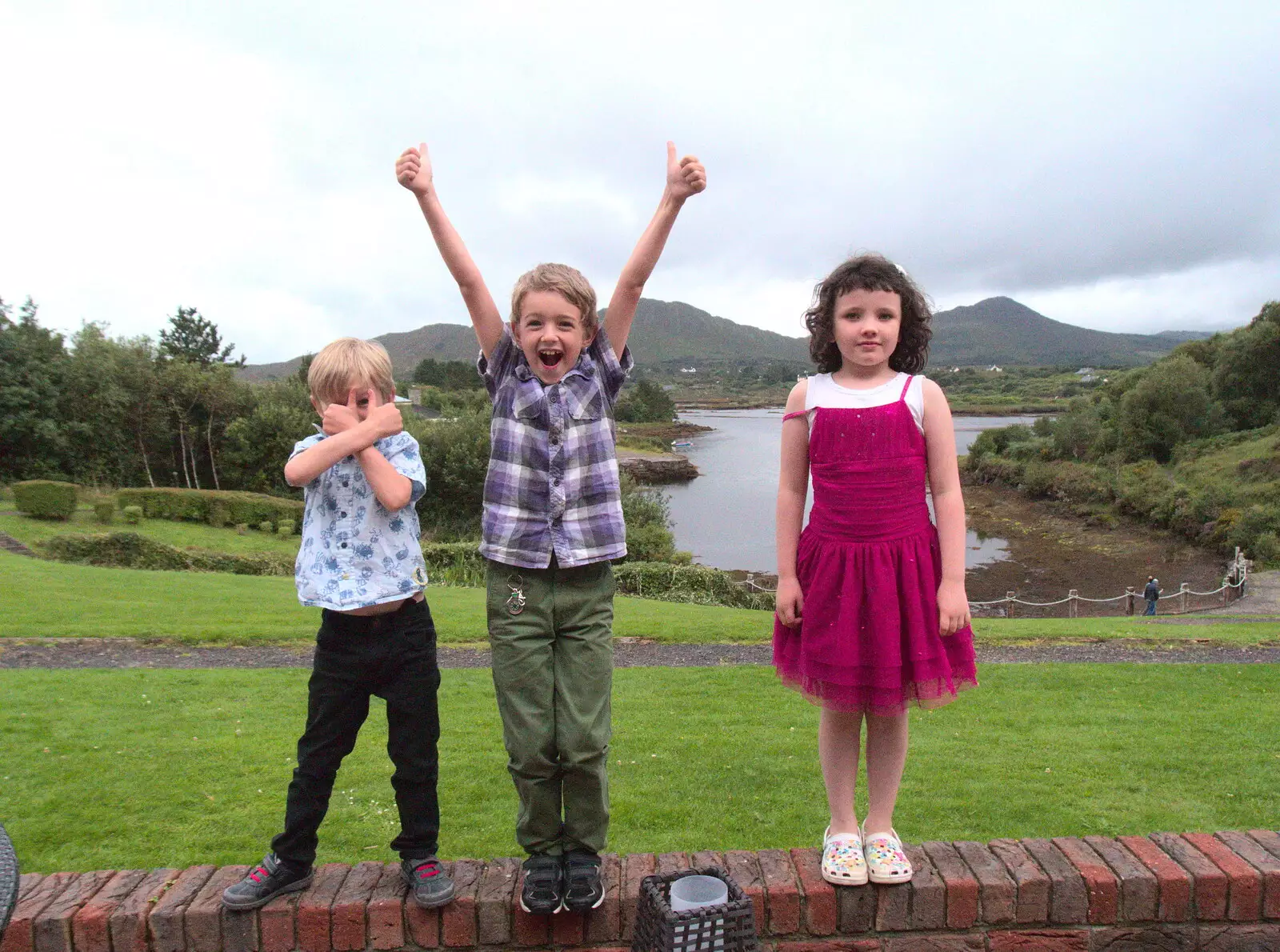 Harry, Fred and Fern stand on the wall, from In The Sneem, An tSnaidhm, Kerry, Ireland - 1st August 2017