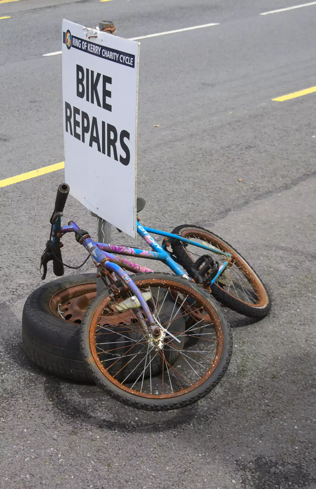 Ironic bike-repair sign, from In The Sneem, An tSnaidhm, Kerry, Ireland - 1st August 2017