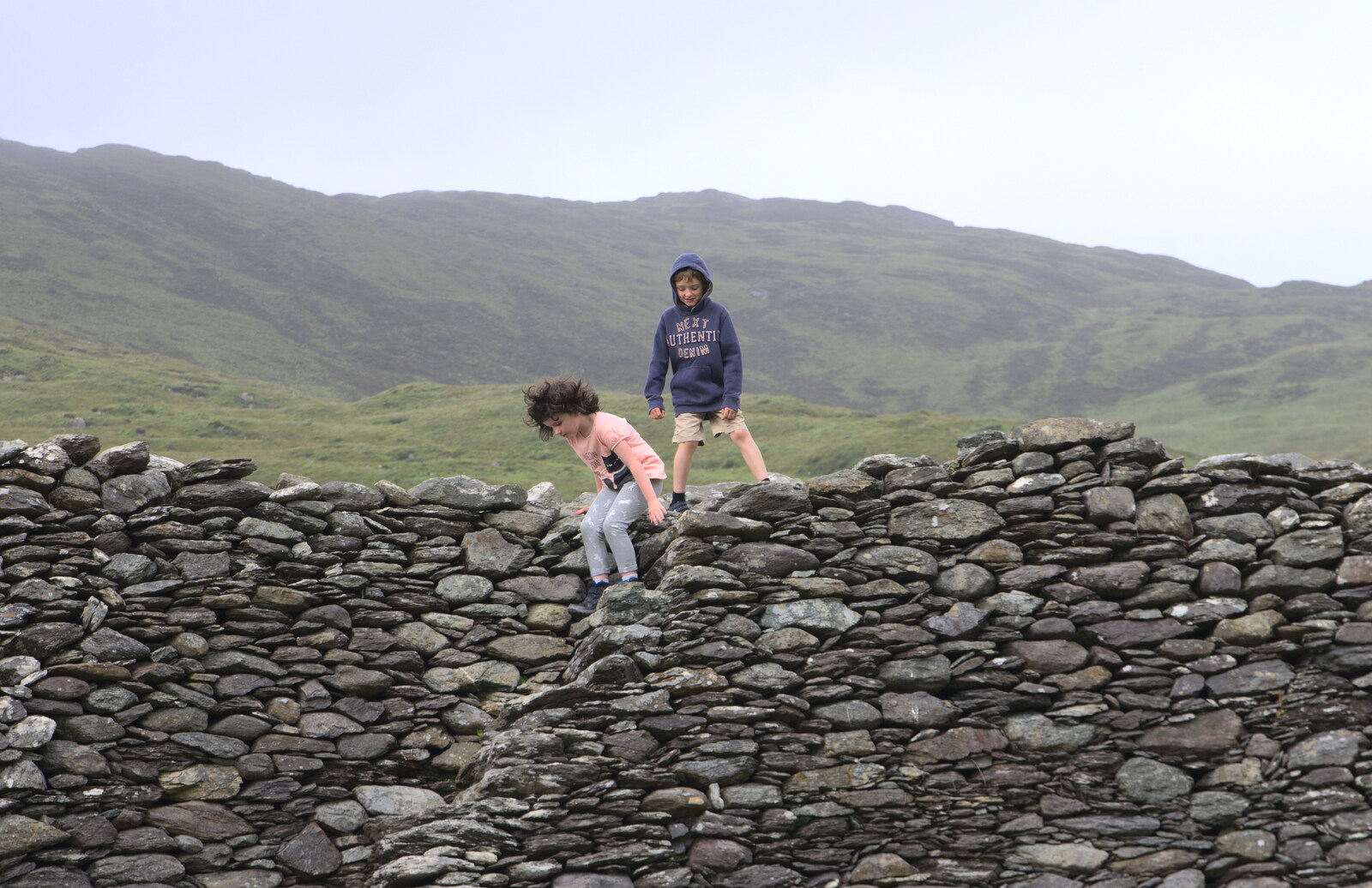 Fern arrives and climbs the wall with Fred from Staigue Fort and the Beach, Kerry, Ireland - 2nd August 2017