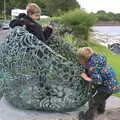 The boys interact with some sculpture, A Seafari Boat Trip, Kenmare, Kerry, Ireland - 3rd August 2017