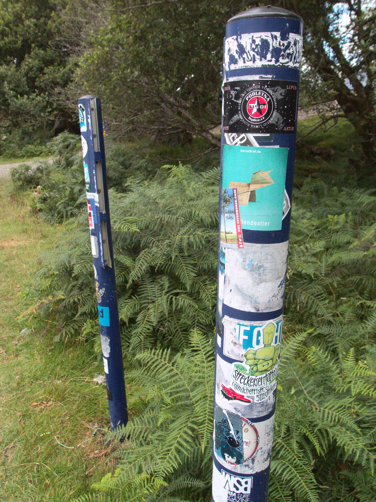 Stickers on a pole from The Annascaul 10k Run, Abha na Scáil, Kerry, Ireland - 5th August 2017