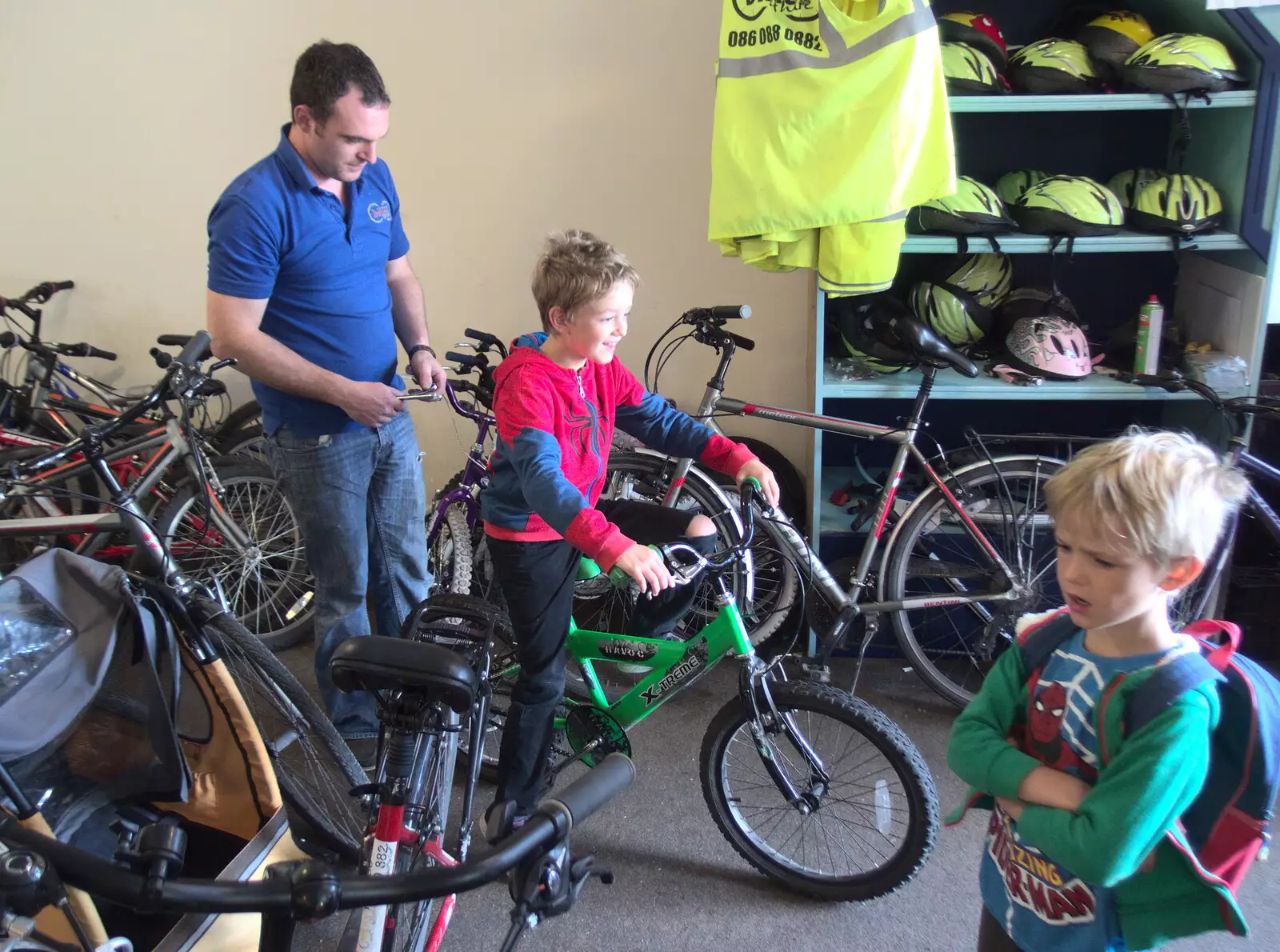 Fred tests out a bike in the hire shop, from A Bike Ride to Mulranny, County Mayo, Ireland - 9th August 2017