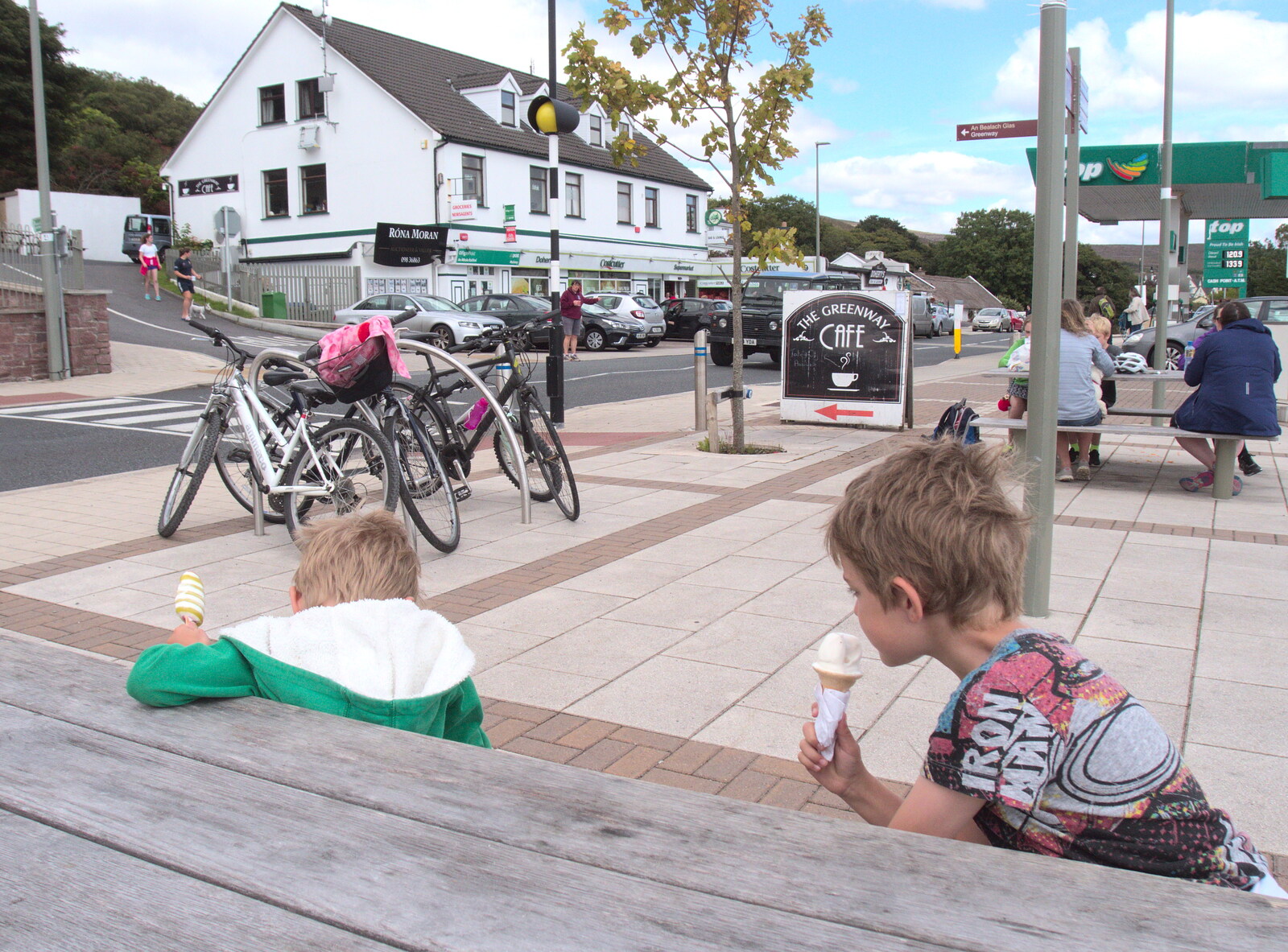 The boys eat ice cream in Mulranny from A Bike Ride to Mulranny, County Mayo, Ireland - 9th August 2017