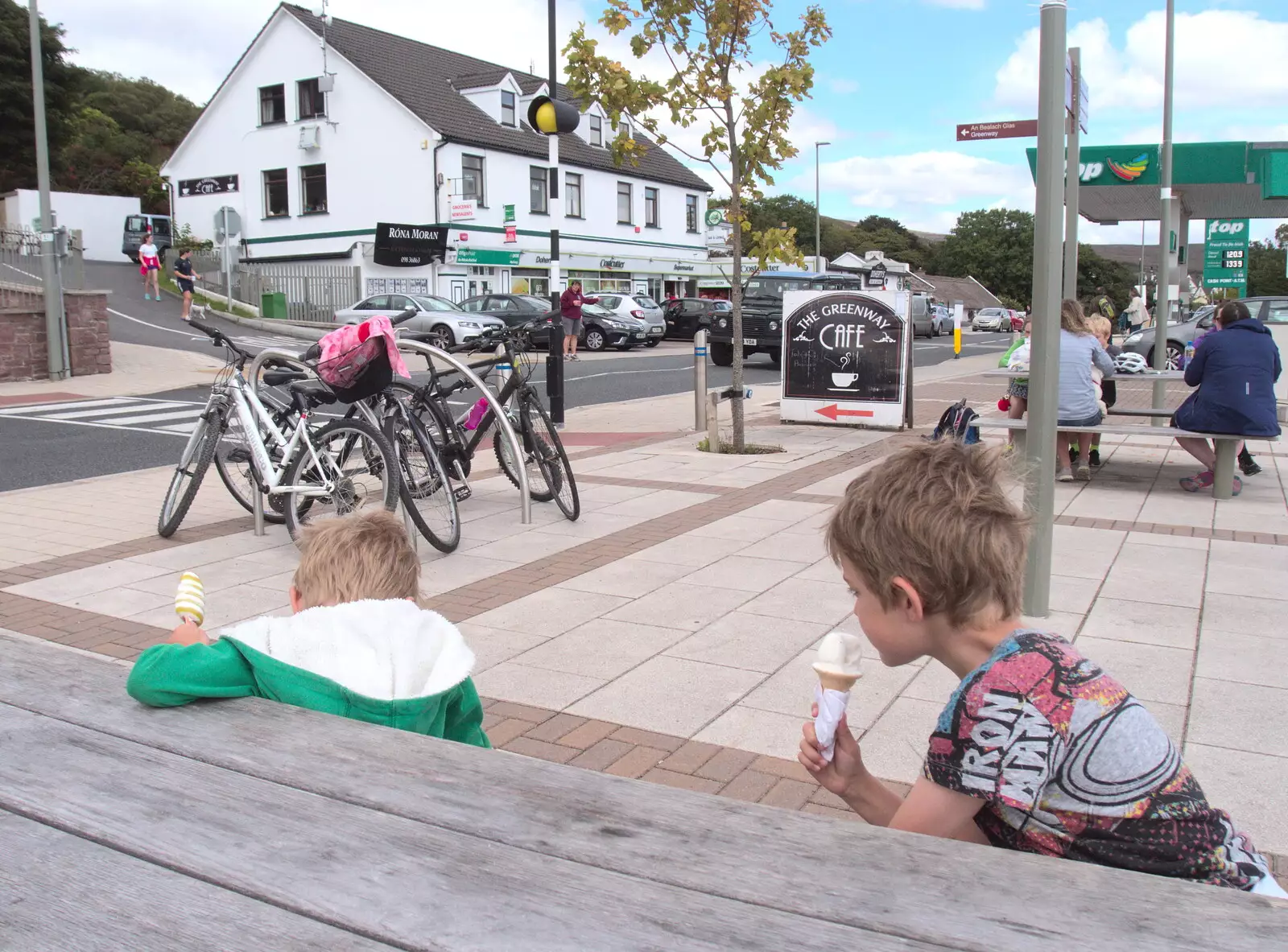 The boys eat ice cream in Mulranny, from A Bike Ride to Mulranny, County Mayo, Ireland - 9th August 2017