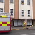 Hoses are hauled up to the second floor, Fire and Water: The Burning of the Blackrock Centre, County Dublin, Ireland - 12th August 2017