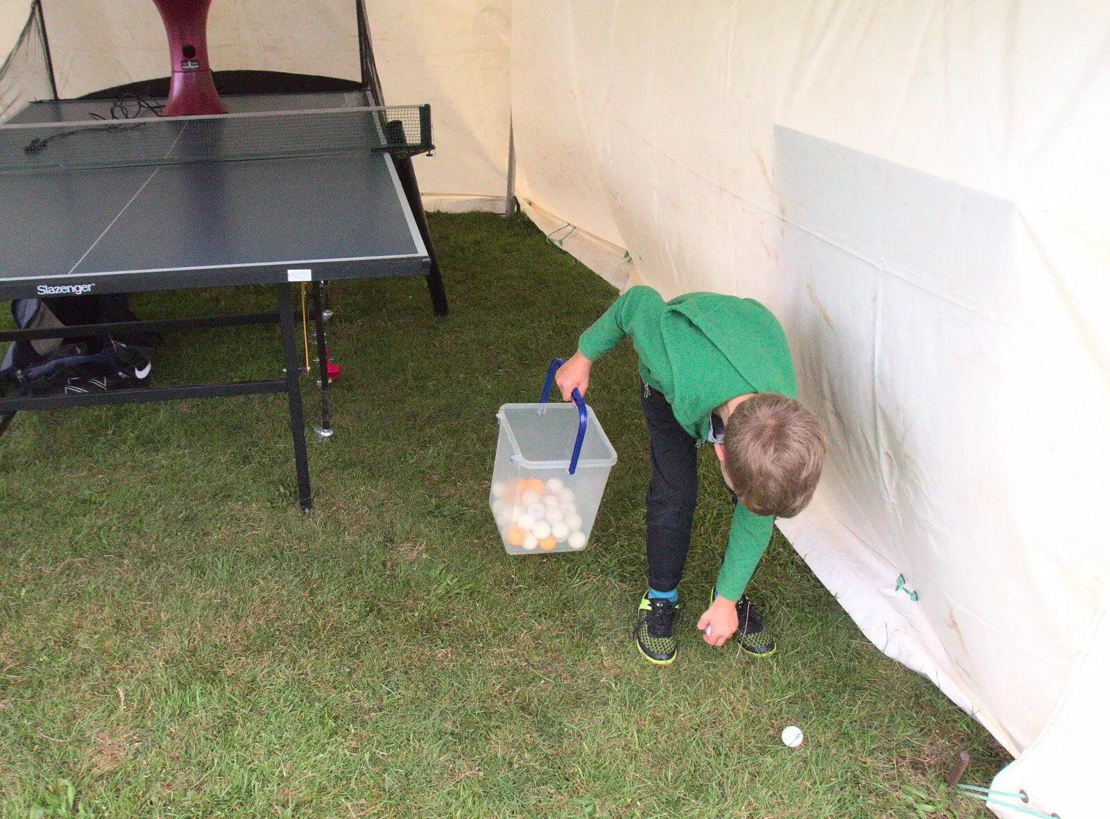 Fred collects ping-pong balls, from A Summer Fete, Palgrave, Suffolk - 10th September 2017