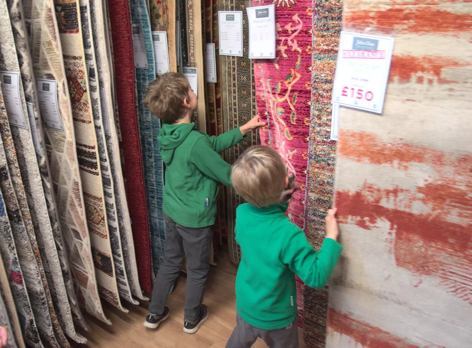 The boys have hours of fun in the rug section, from Hyde Park and Carpets, London and Diss - 20th September 2017