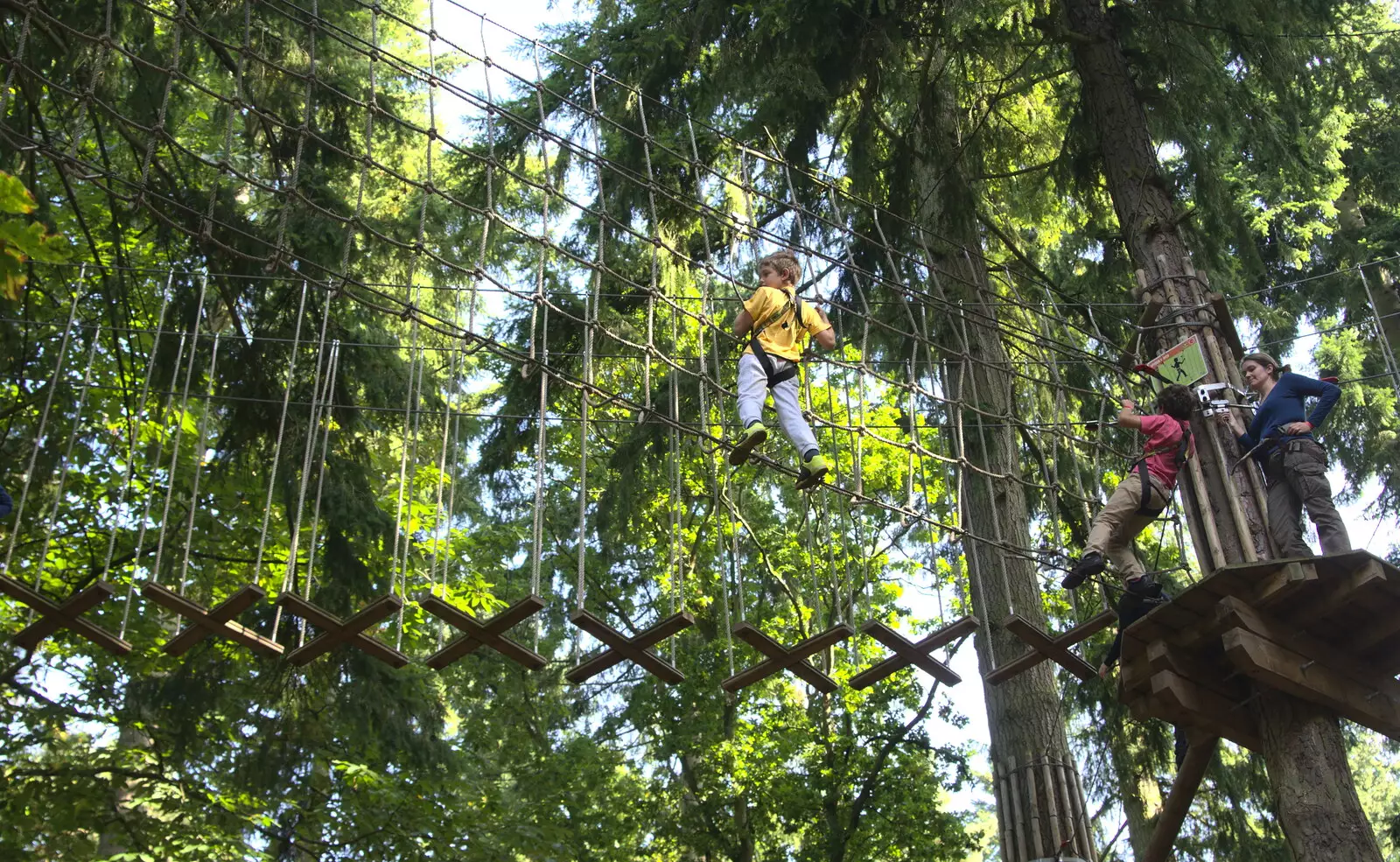 Isobel watches as Fred and Thomas do the cargo net, from Fred Goes Ape, High Lodge, Brandon, Suffolk - 24th September 2017