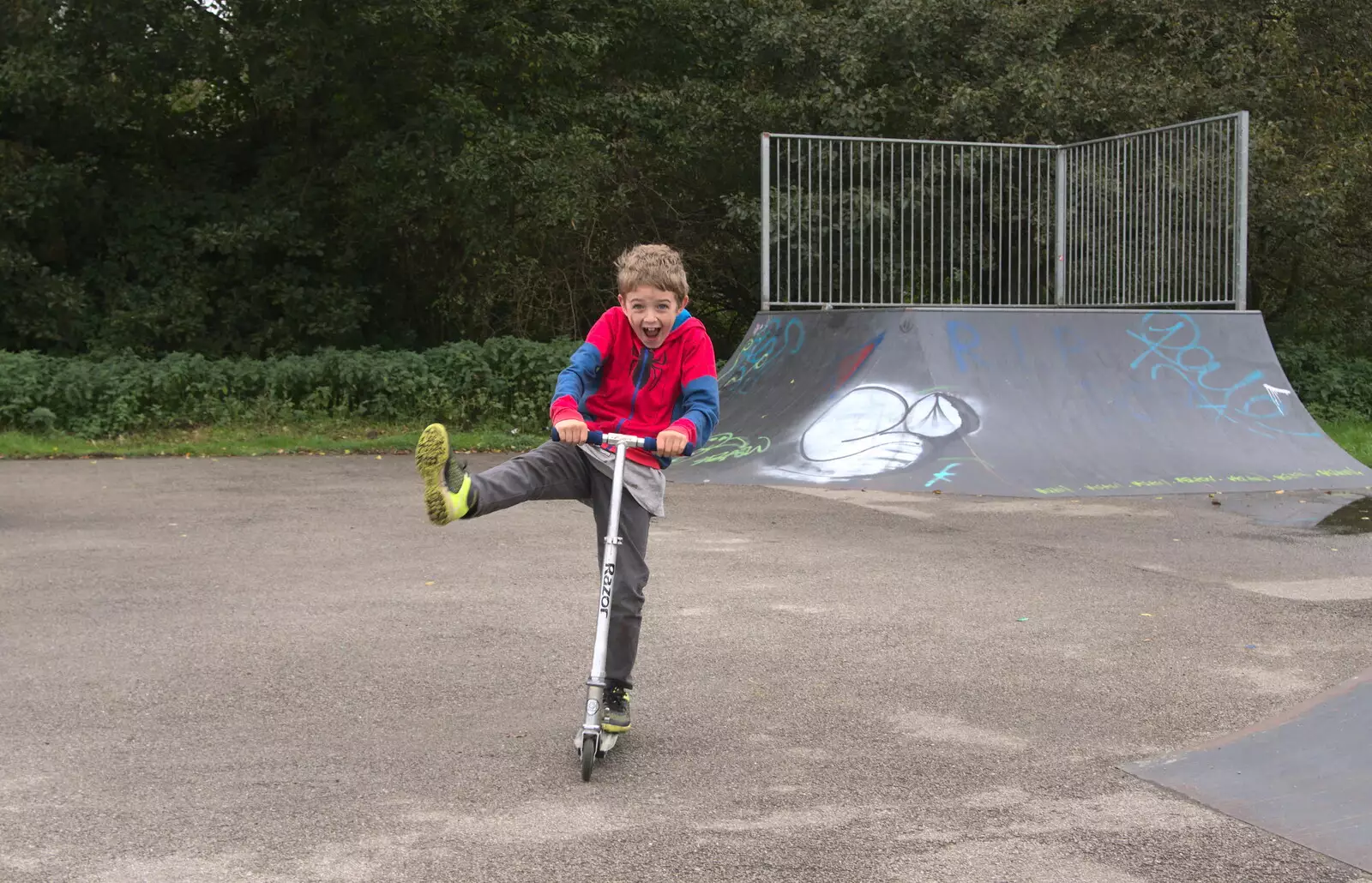 Fred does a bit of one-legged scooting, from Skate Parks and Orange Skies, Brome and Eye, Suffolk - 10th October 2017